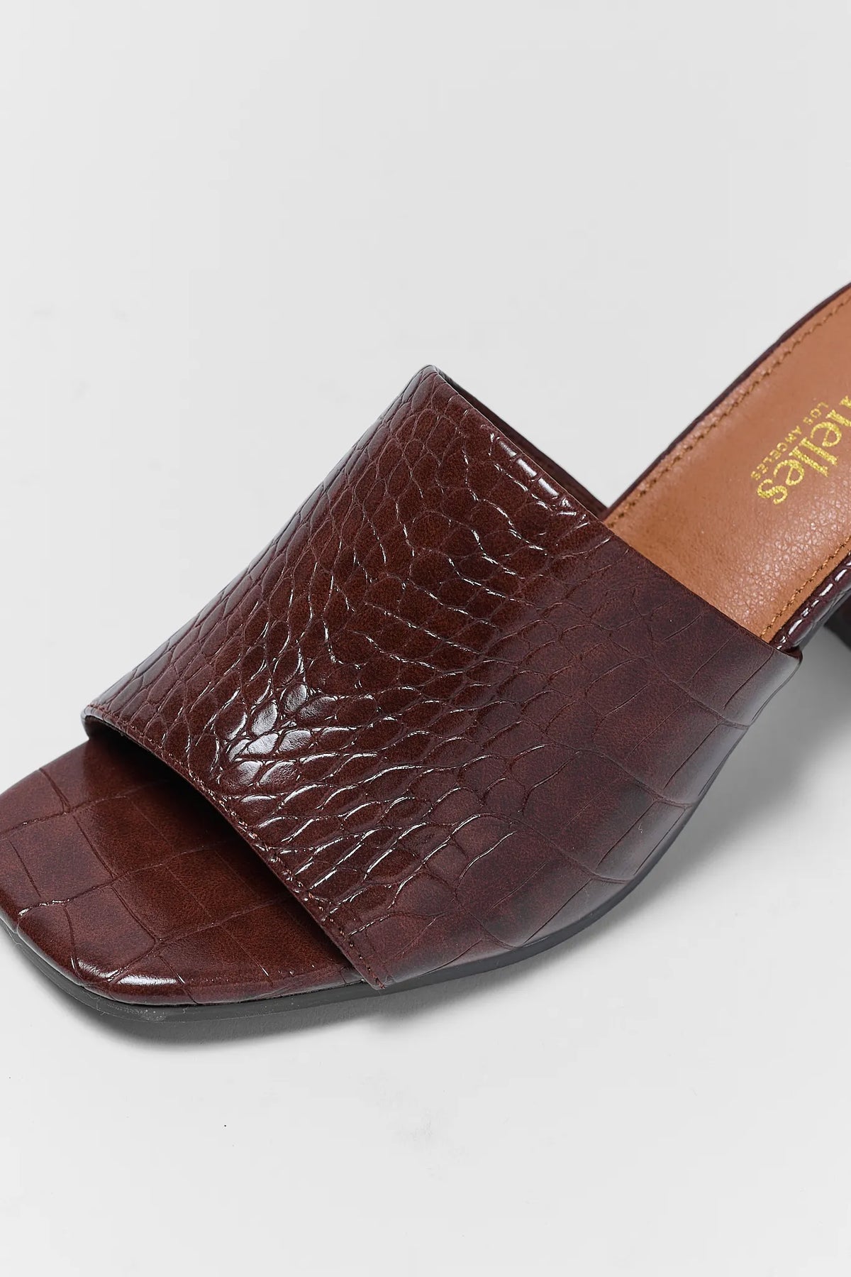 Brown Croc Leather Square Toe Mule - Strap Close-Up Detail | Avara