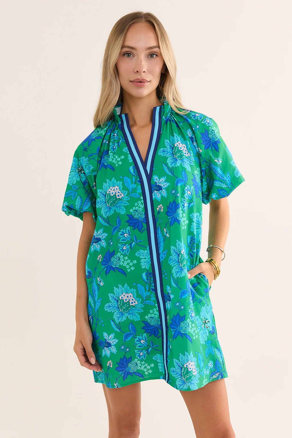Addison Green Floral Short Dress - Front View, V-Neck with Blue Stripe Trim | Avara