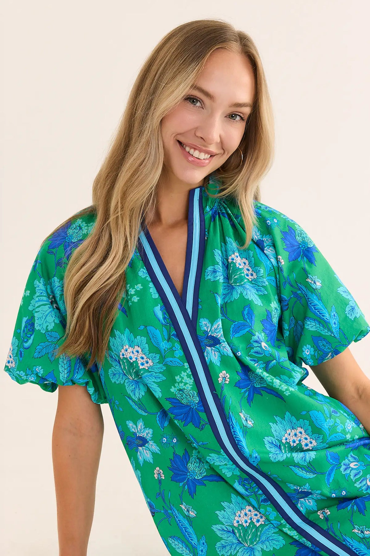 Addison Green Floral Short Dress - Close-Up Detail, Striped V-Neckline & Flutter Sleeve | Avara