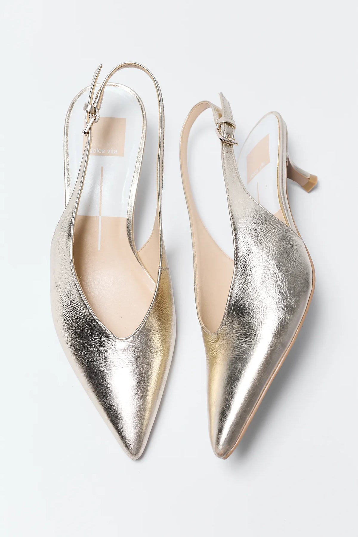 Pair of Alenna Gold Metallic Pointed Toe Kitten Heel Slingbacks - Top View | Avara