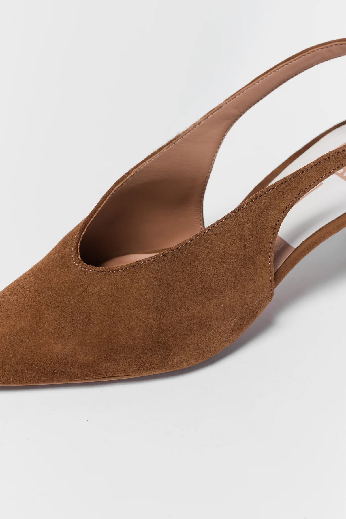 Brown Suede Pointed Toe Heel - Close-Up Toe & Vamp Detail | Avara