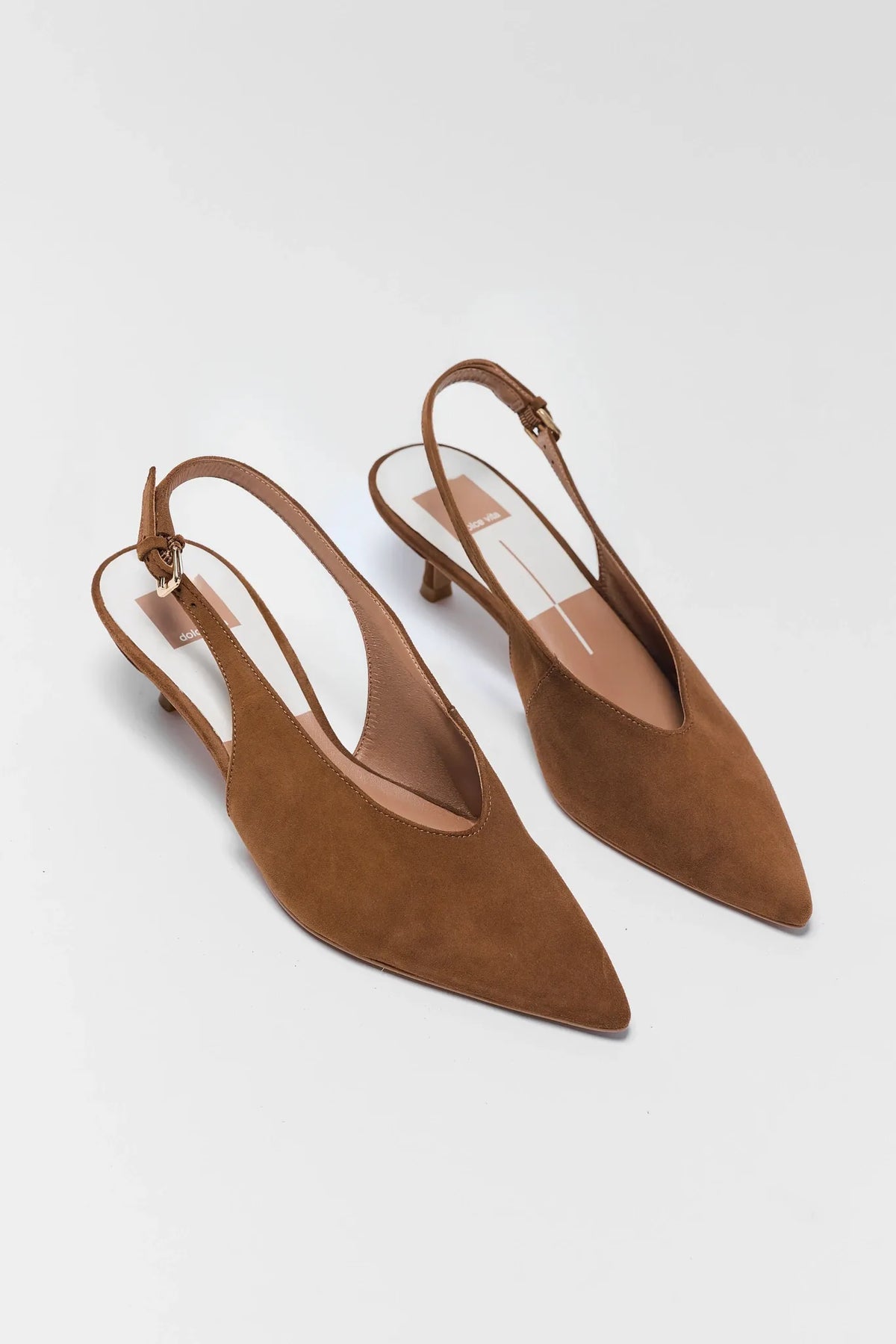 Brown Suede Kitten Heel Slingbacks - Pair Flat Lay View | Avara