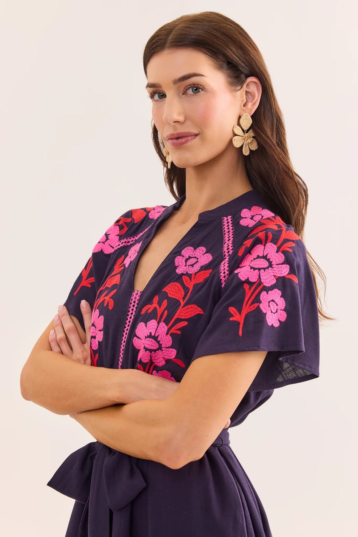 Ana Plum Embroidered Short Dress - Close-Up Bodice Detail, Pink Floral Embroidery | Avara