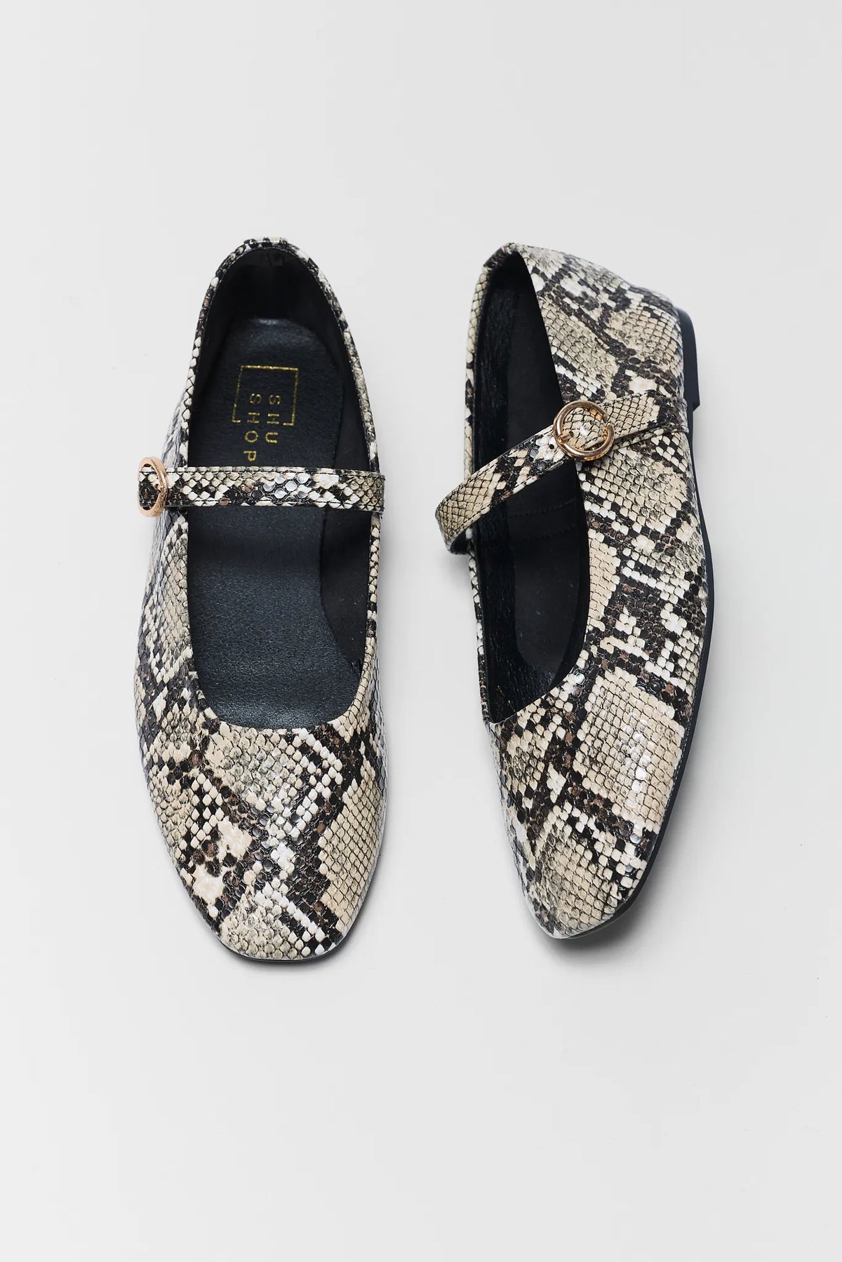 Tan Snake Print Faux Leather Mary Jane Flats - Top View, Pair | Avara