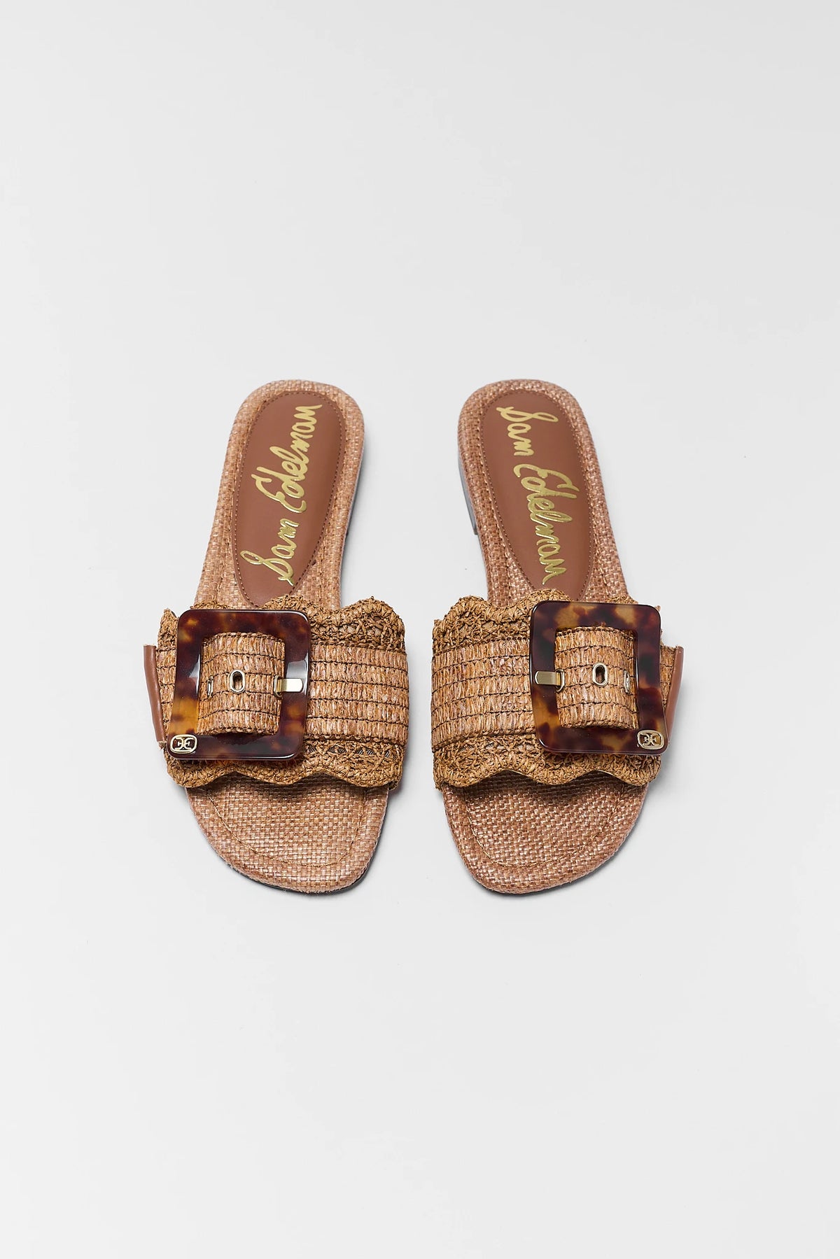 Sam Edelman Bambi Tan Raffia Slide Sandals - Top Down View with Tortoise Buckle Detail | Avara