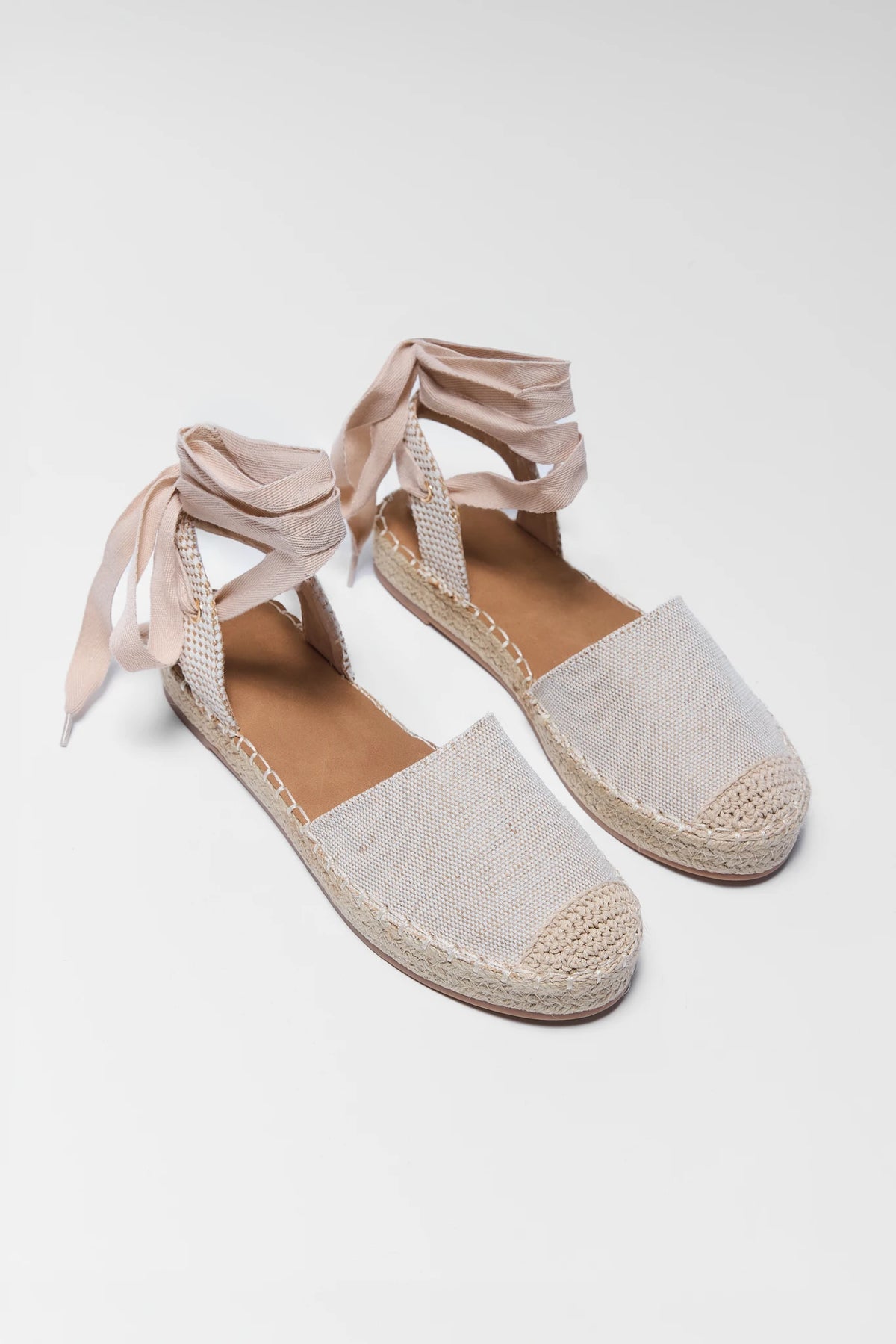 Beige Canvas Espadrille Sandals - Pair Flat Lay, Wrap Ankle Ties & Jute Sole | Avara