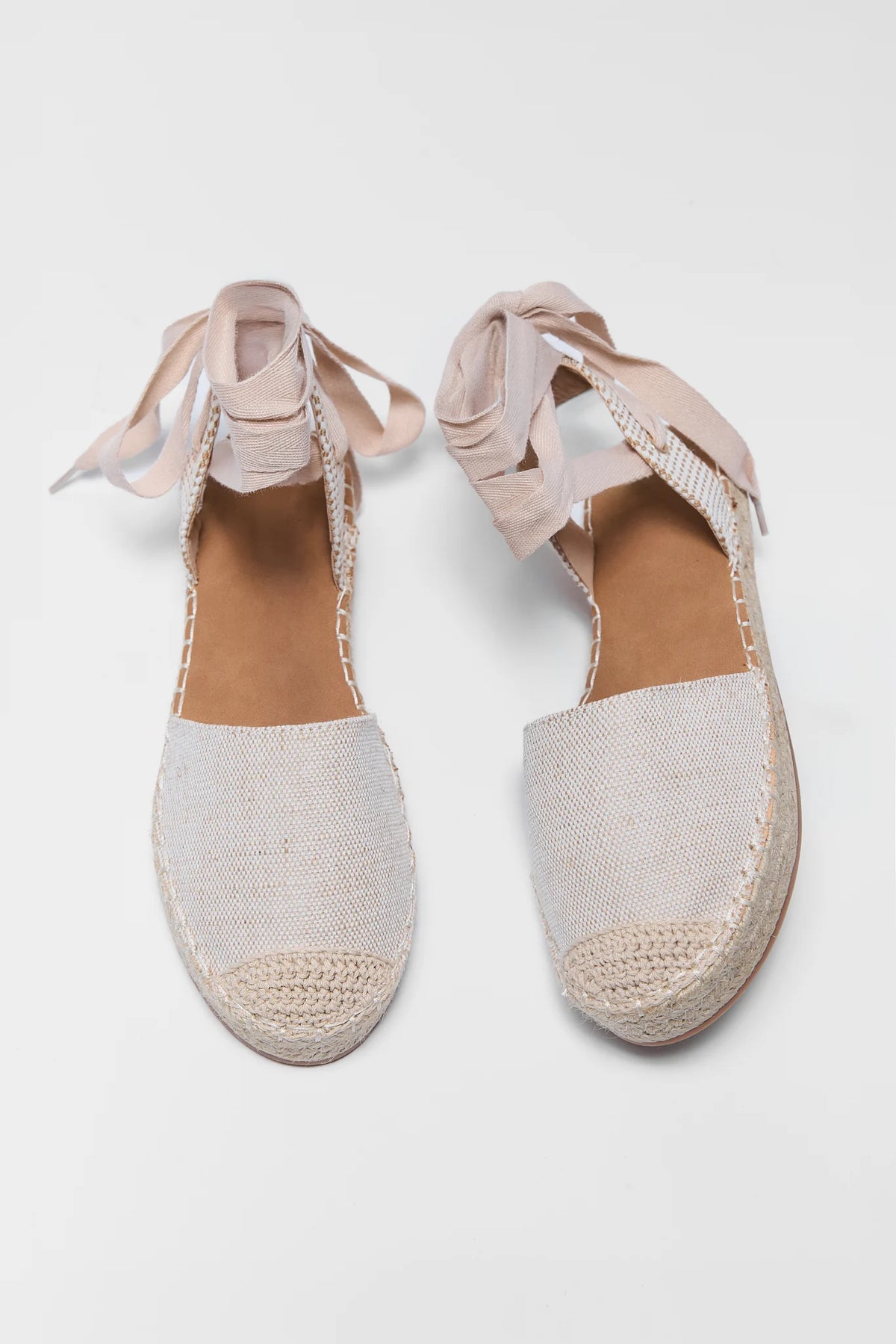 Beige Wrap-Up Espadrille Sandals - Top Down Pair View, Canvas Upper & Jute Toe | Avara