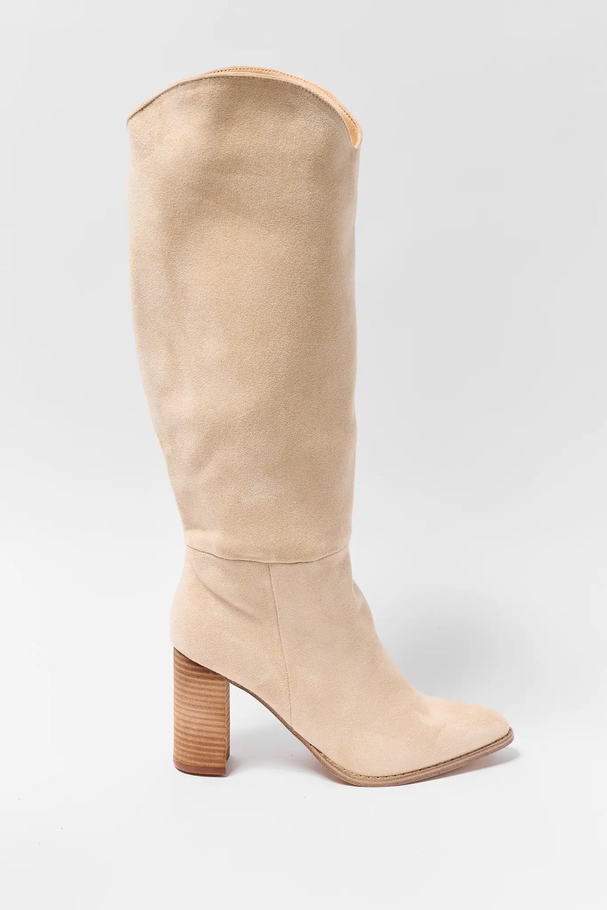 Beige Faux Suede Tall Boots - Side View, Stacked Block Heel | Avara