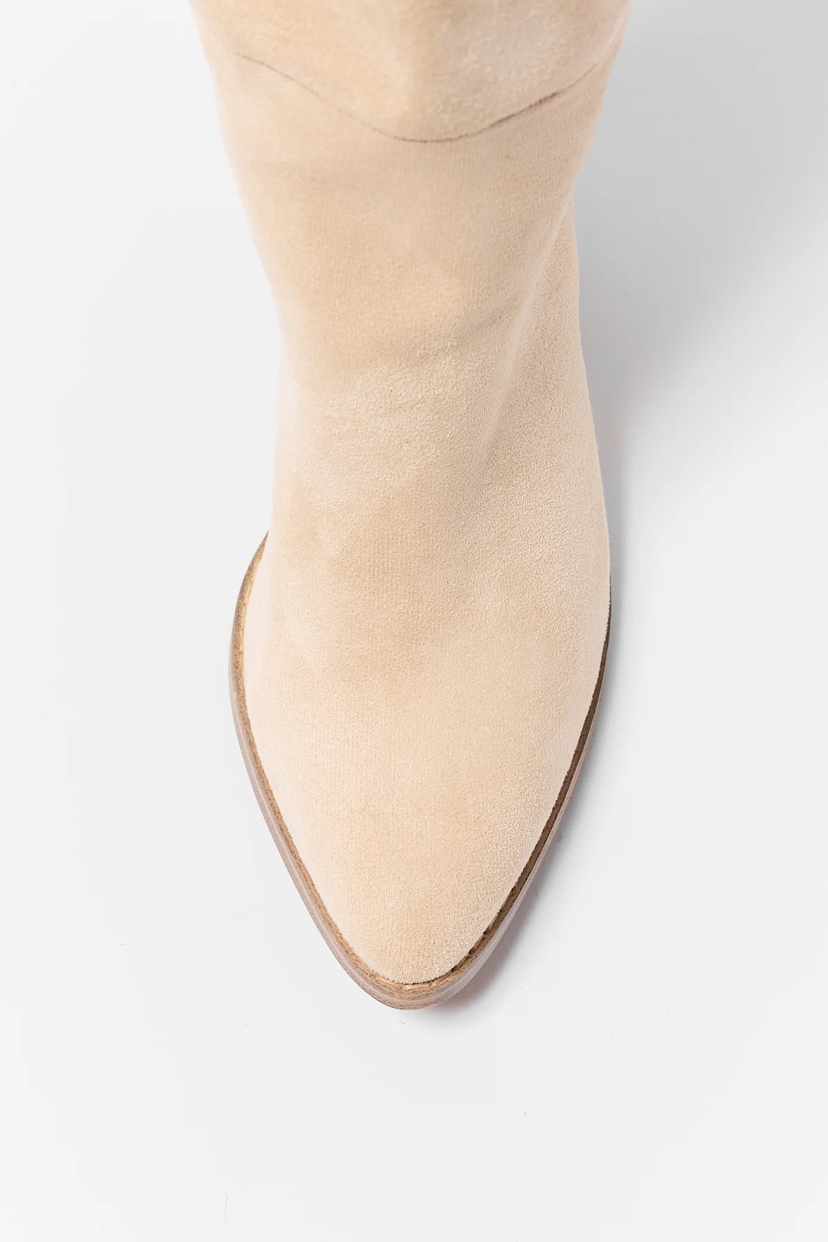 Beige Faux Suede Tall Boots - Pointed Toe Top-Down Detail | Avara