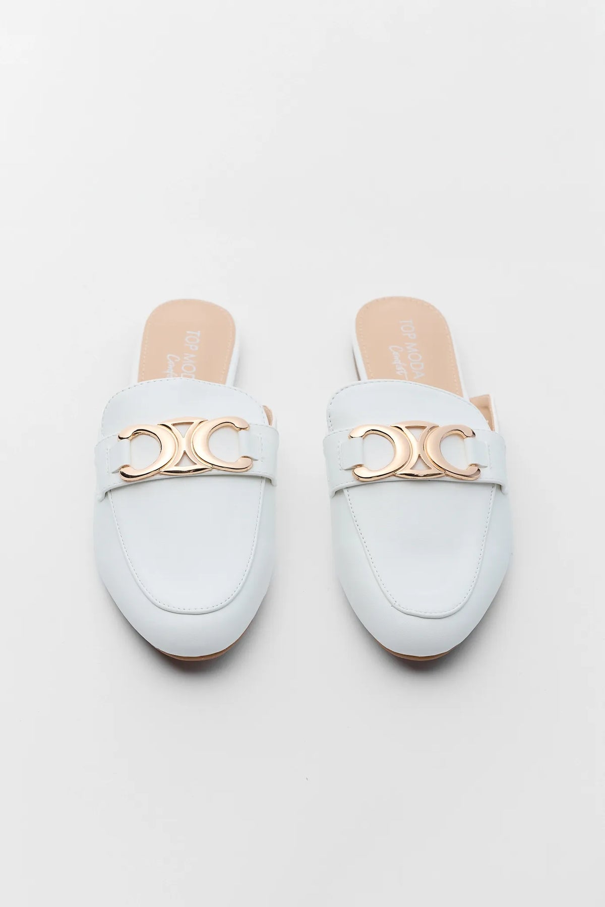 White Bellen Faux Leather Mules with Gold Hardware - Angled Pair View | Avara