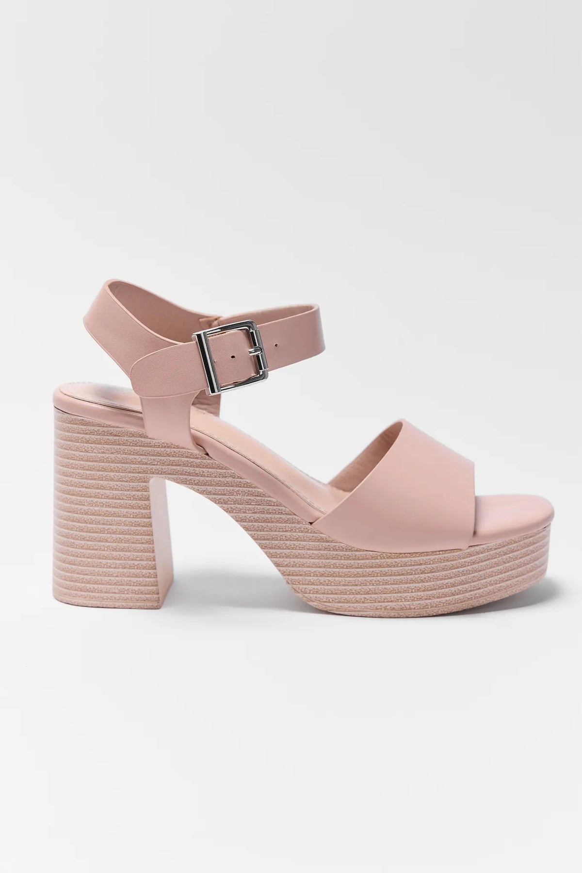 Bethany Nude Platform Heel - Side Profile, textured chunky block heel and ankle buckle strap | Avara