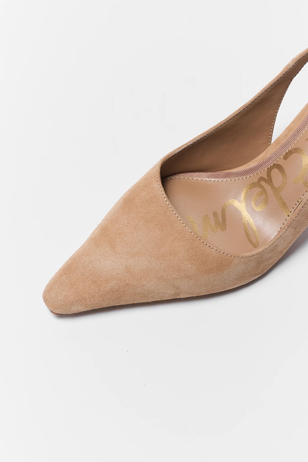 Tan Suede Pointed Toe Kitten Heel - Close-Up Toe Detail | Avara