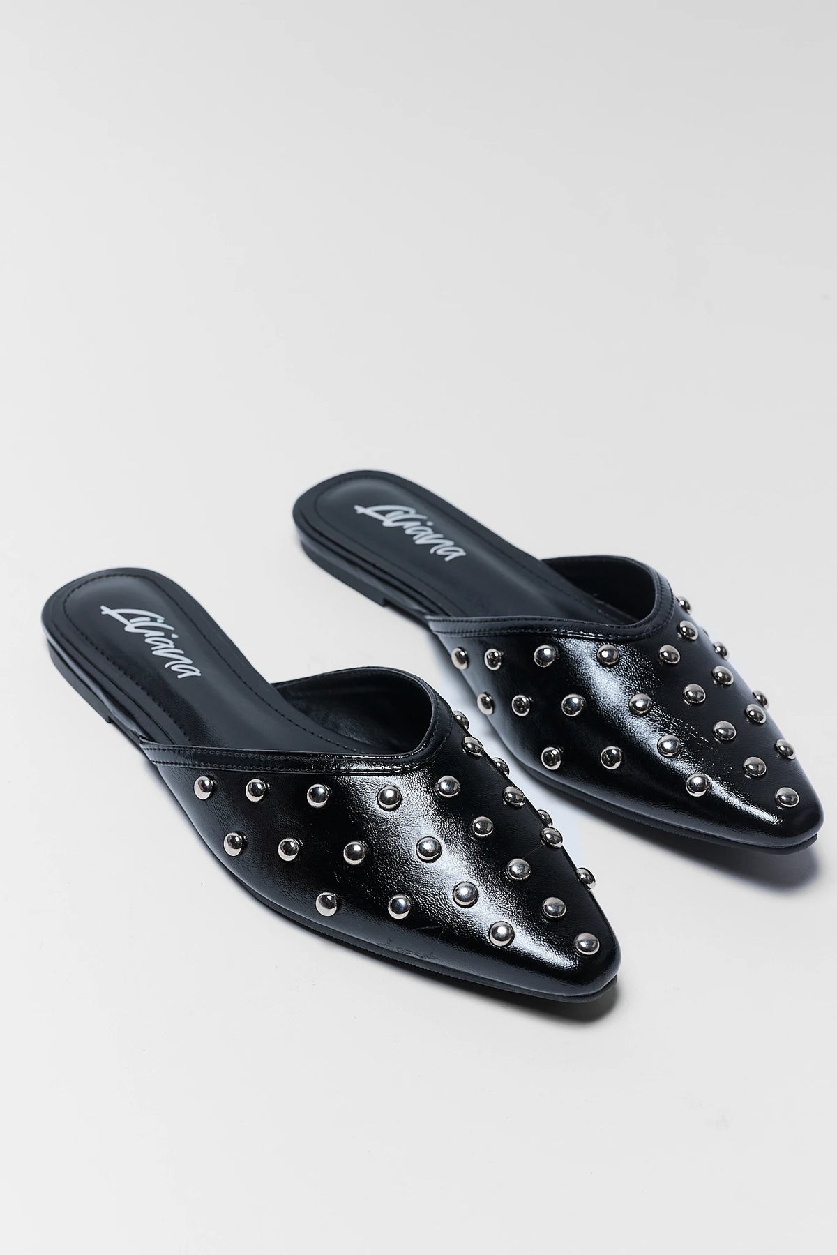 Black Studded Slip On Mule - Angled Pair Top View, Allover Silver Studs | Avara