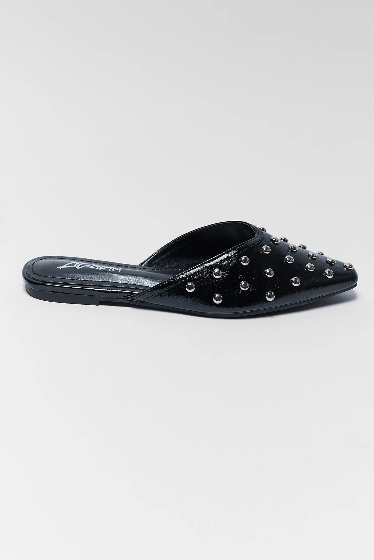 Black Studded Slip On Mule - Side Profile View, Pointed Toe Flat Slip-On | Avara