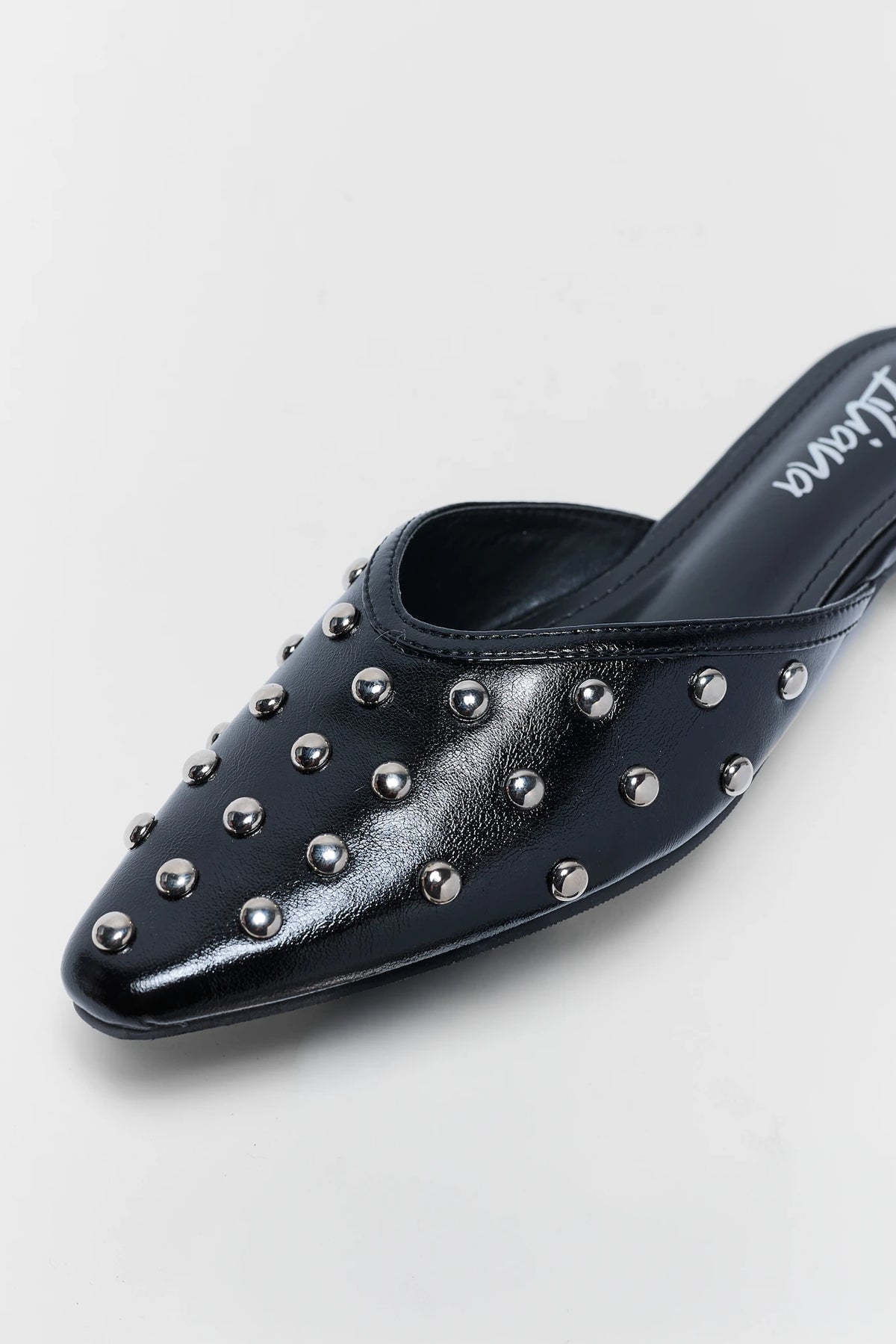 Black Studded Slip On Mule - Silver Dome Stud Detail Close Up, Pointed Toe | Avara