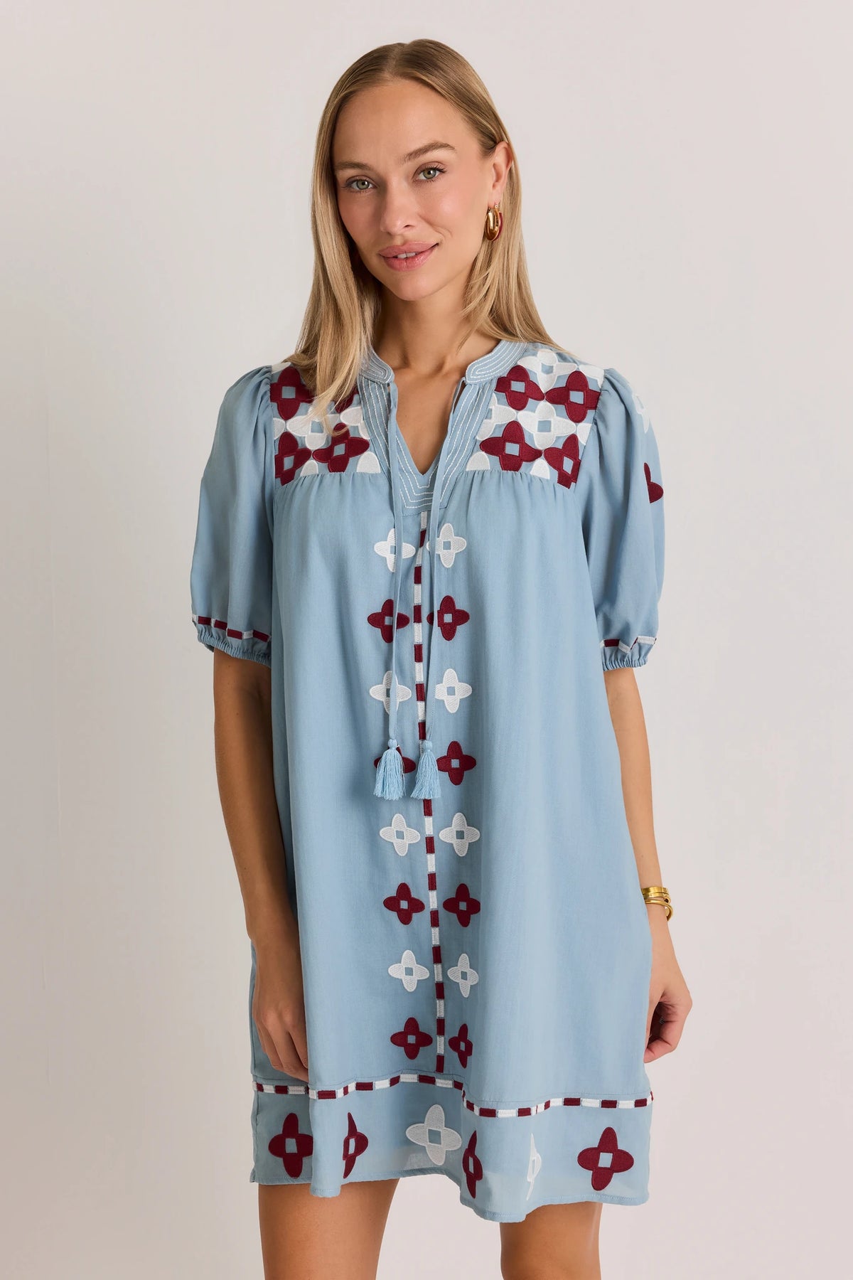 Light Blue Embroidered Tassel Detail Short Dress - Front View On Model | Avara