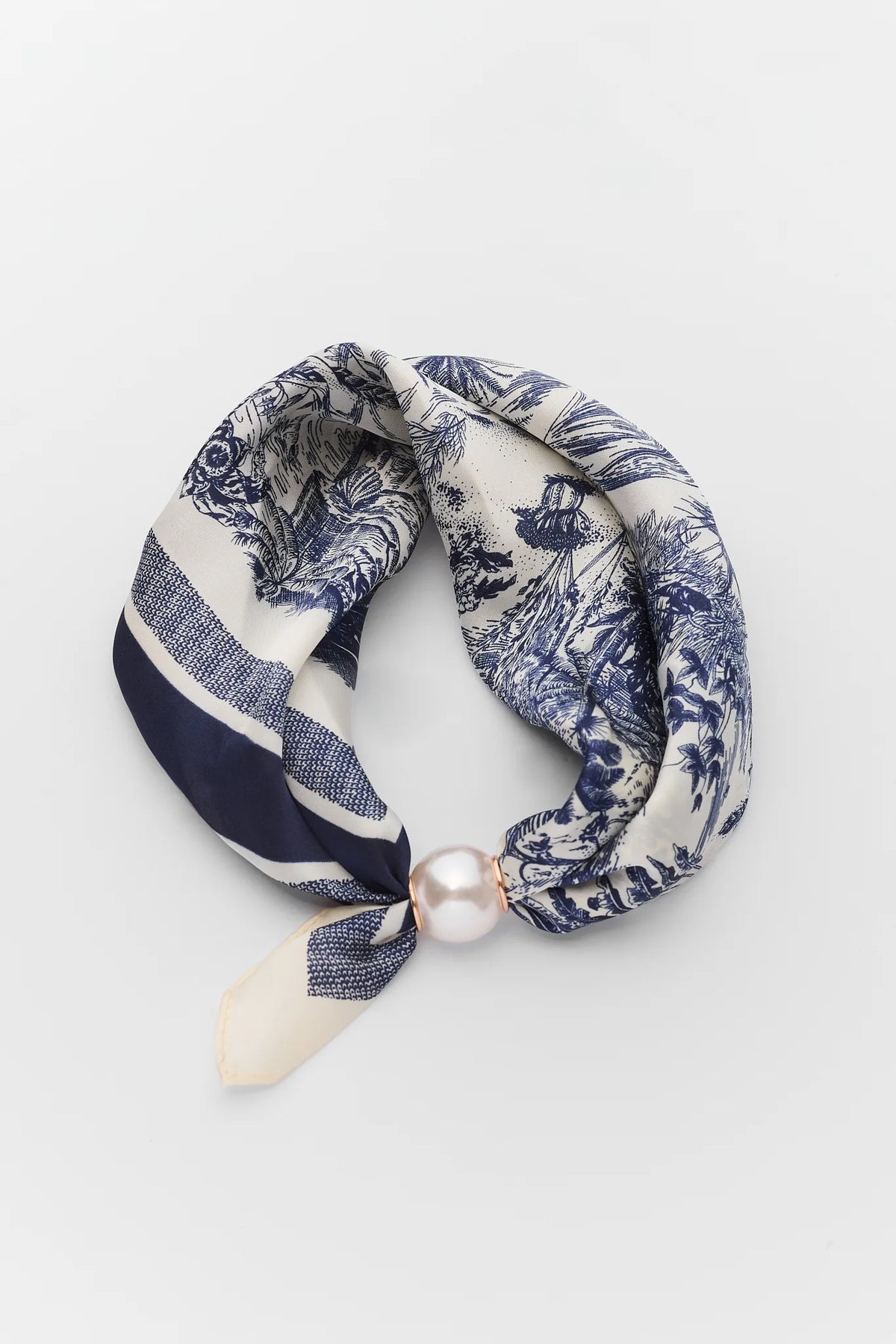 Blue Toile Print Magnetic Pearl Scarf - Flat Lay with Pearl Closure Detail | Avara