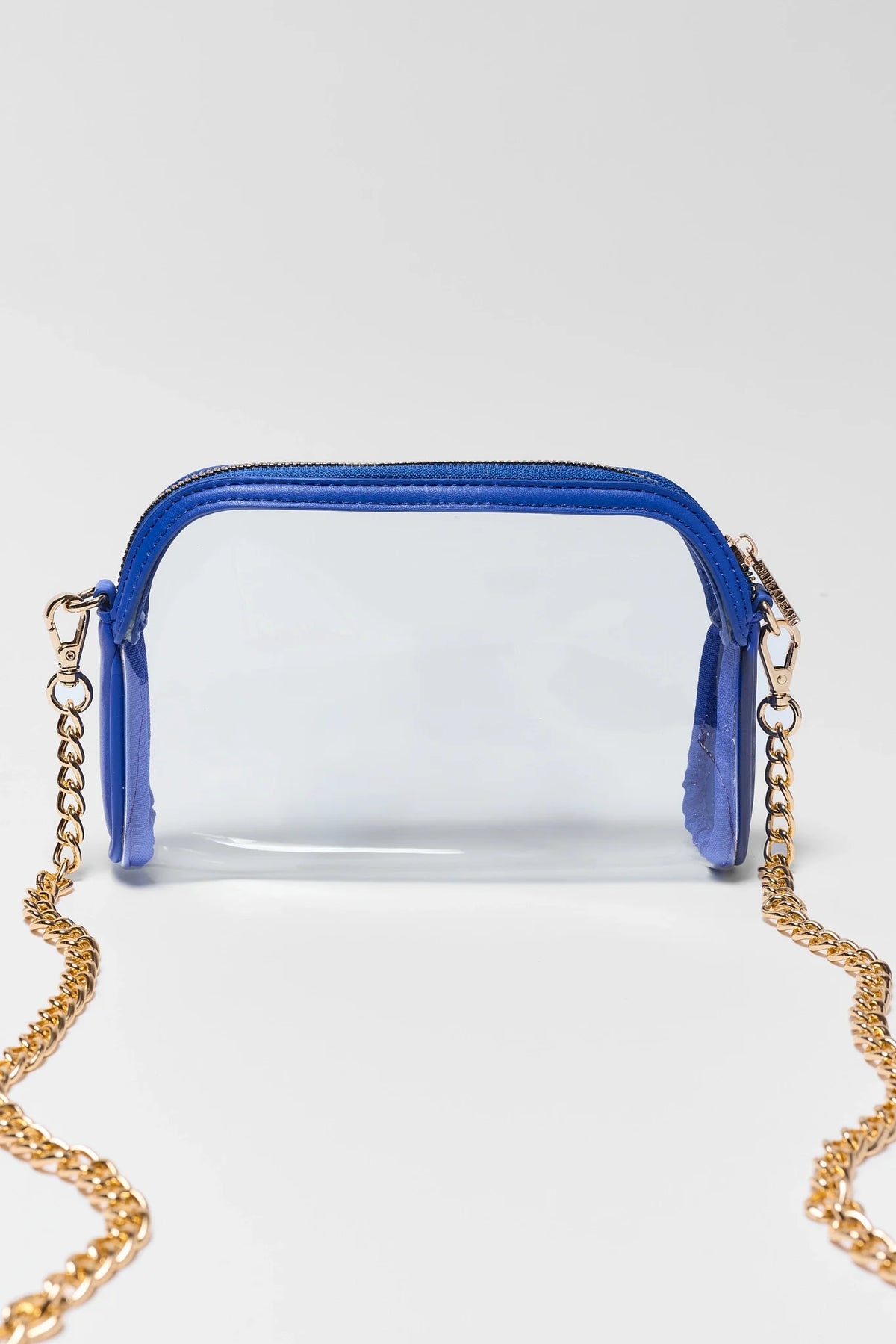 Blue Trim Clear Crossbody Bag with gold chain strap - Front View, stadium-friendly | Avara