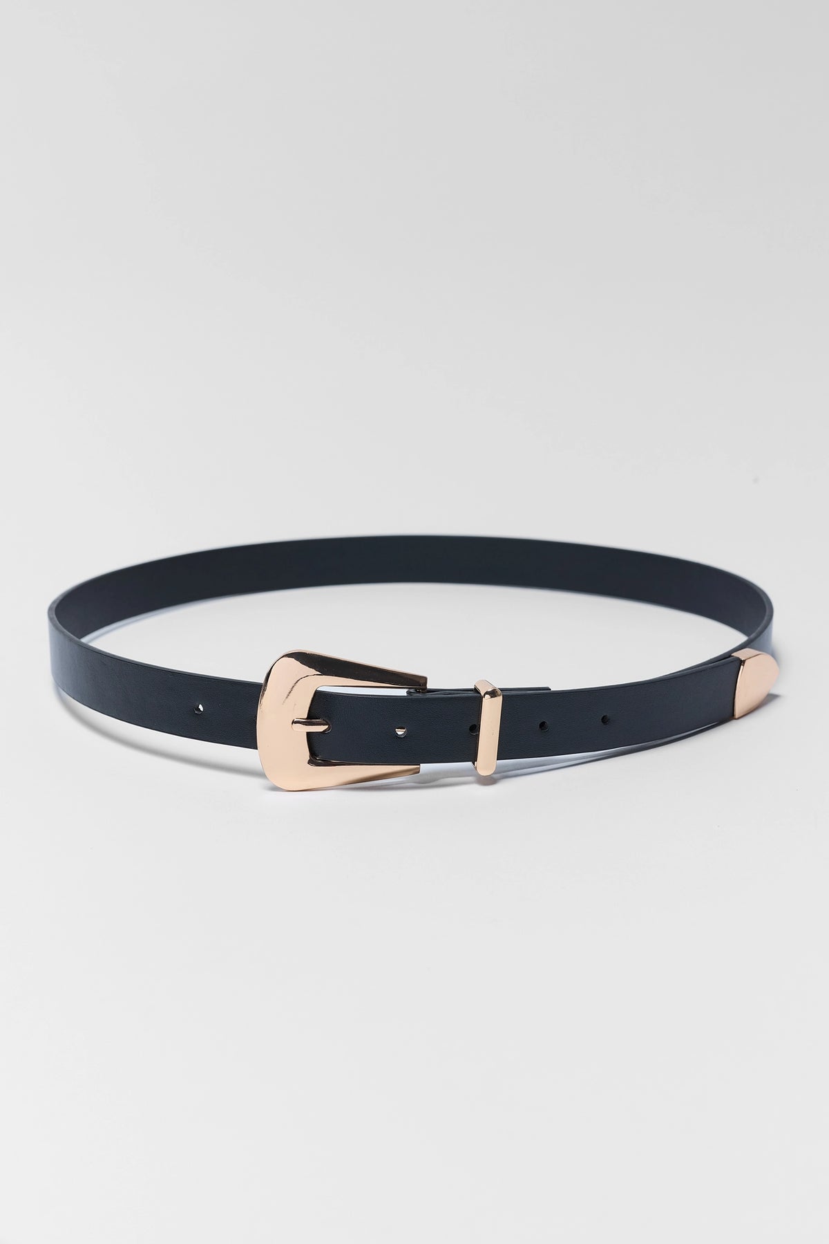 Black faux leather belt with gold-tone hardware laid flat - Boston Belt Full Length View | Avara