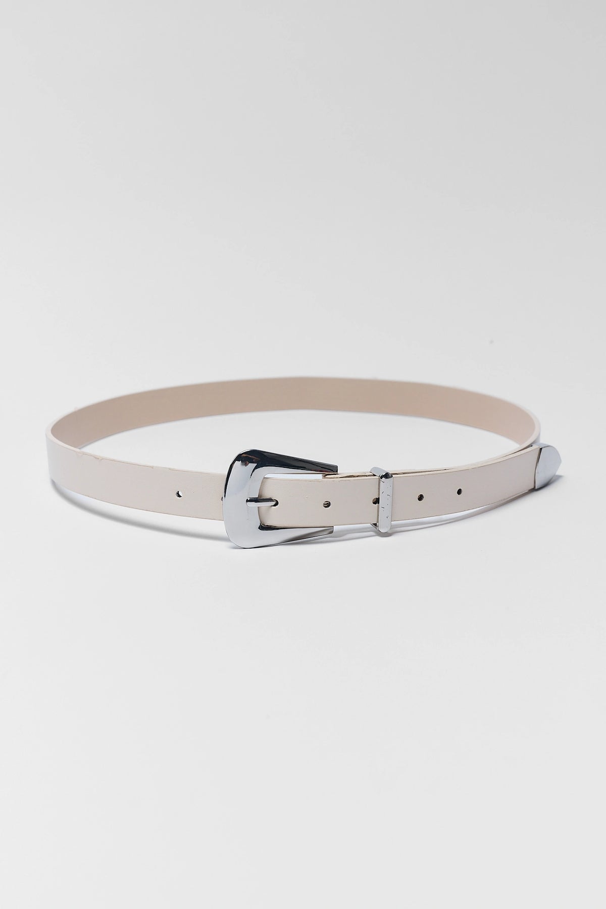 Boston Ivory Faux Leather Belt flat lay with silver buckle, women's ivory belt - Flat Lay | Avara