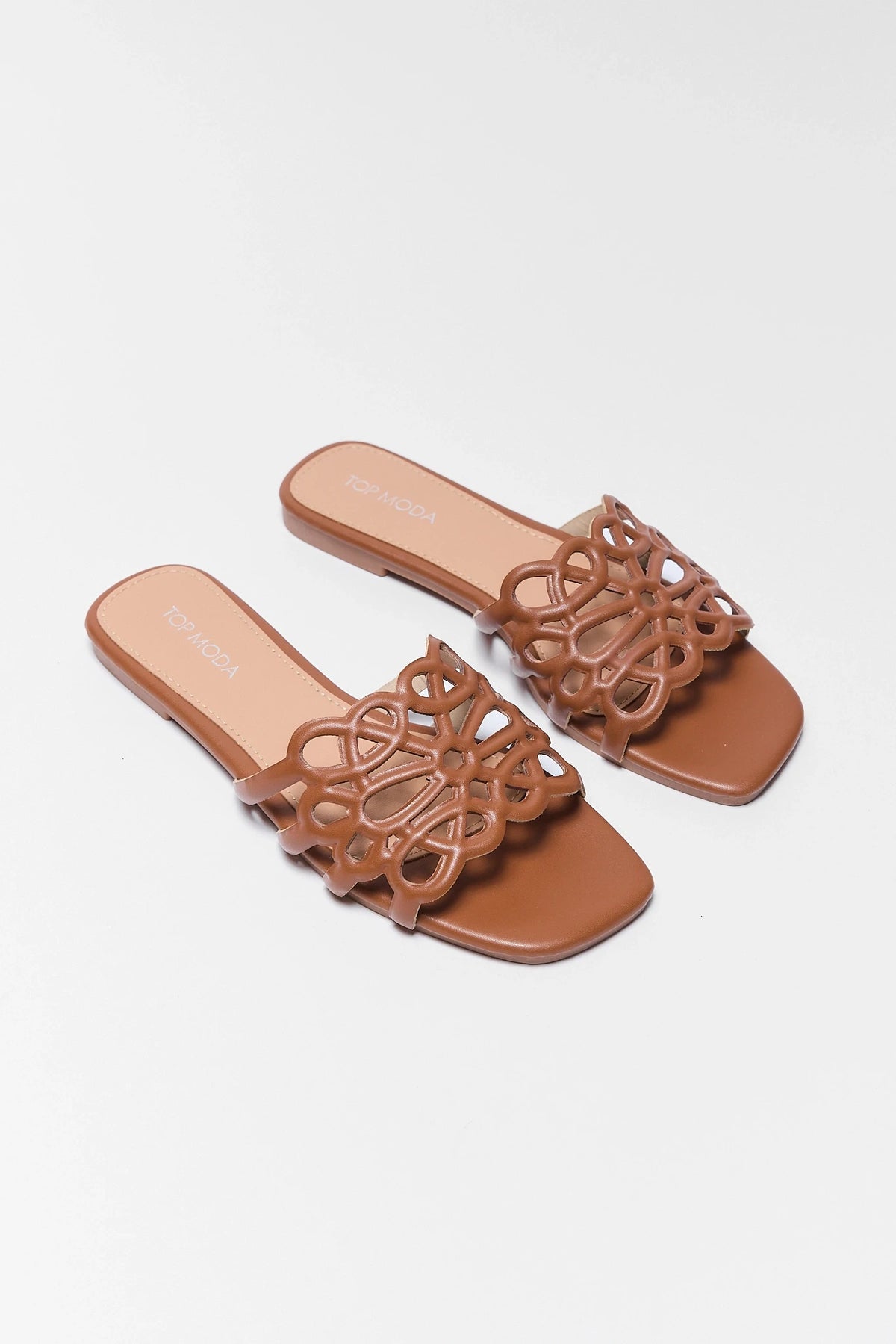 Brown cutout floral sandals angled pair view with square toe and faux-leather strap | Avara