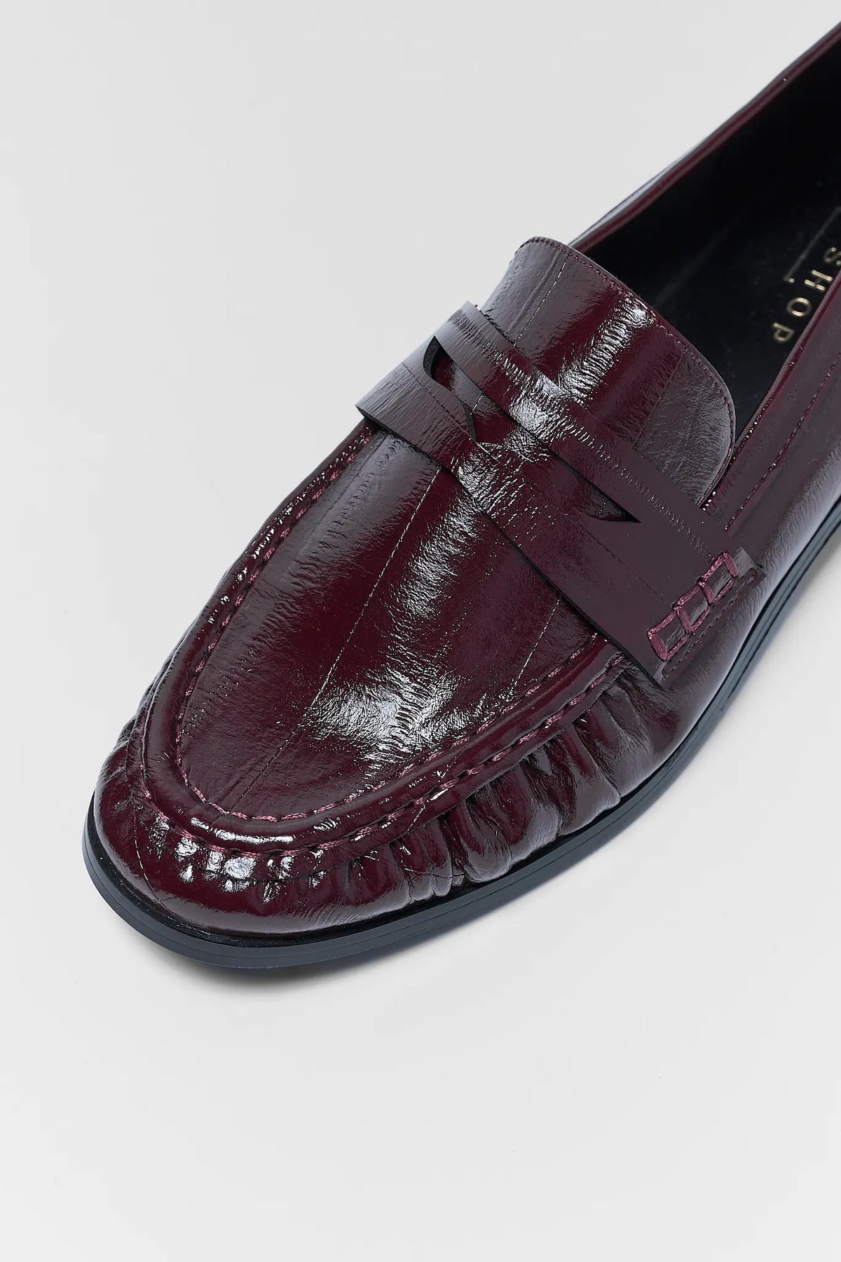 Maroon Faux Leather Loafer - Penny Strap and Toe Close-Up Detail | Avara