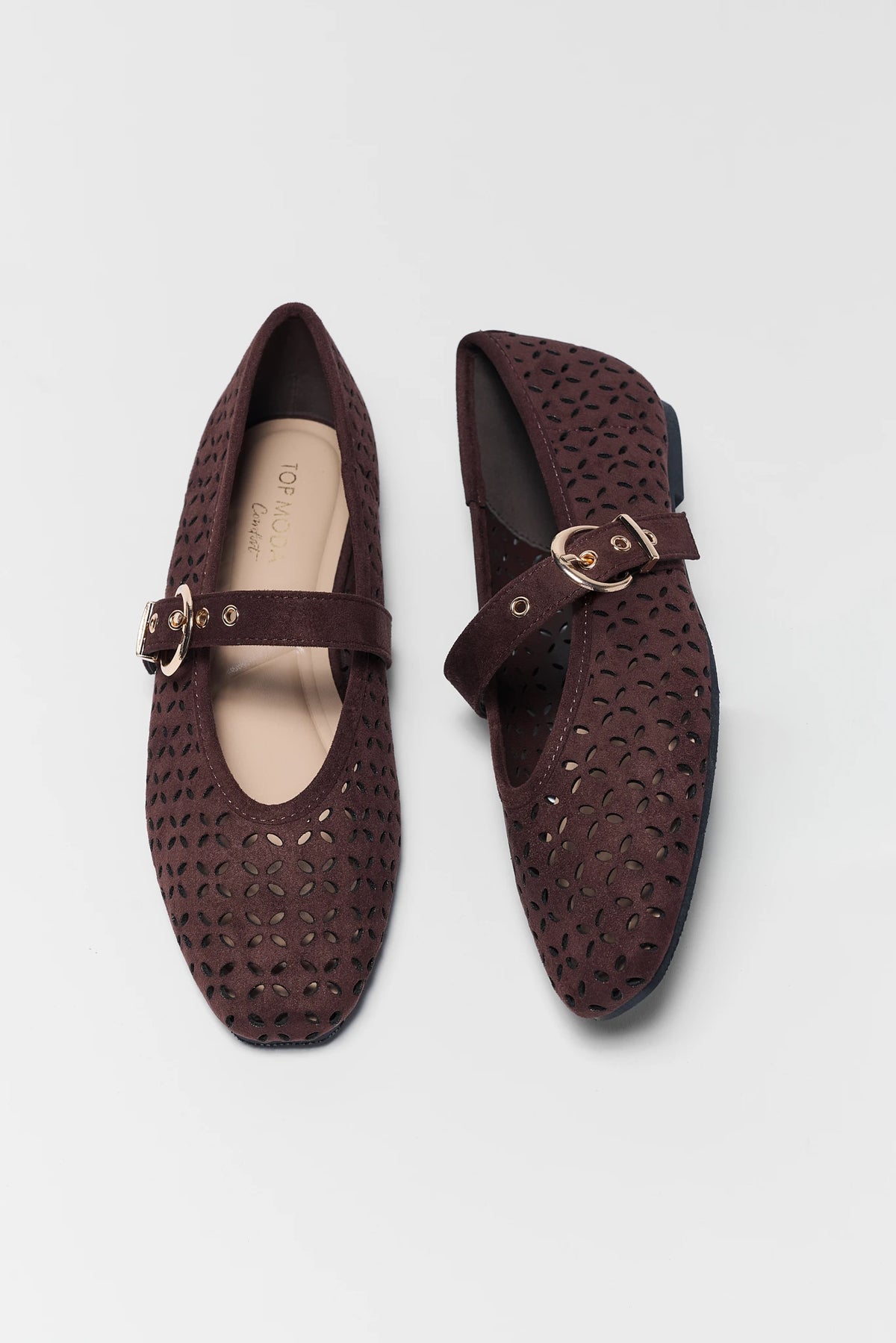 Dark Brown Faux Suede Ballet Flats with cutout floral pattern and gold buckle strap - Top View | Avara