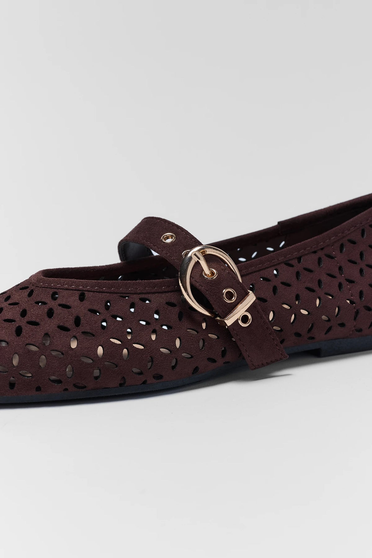 Brown Faux Suede Ballet Flat gold buckle strap and floral cutout detail - Close-Up Detail | Avara