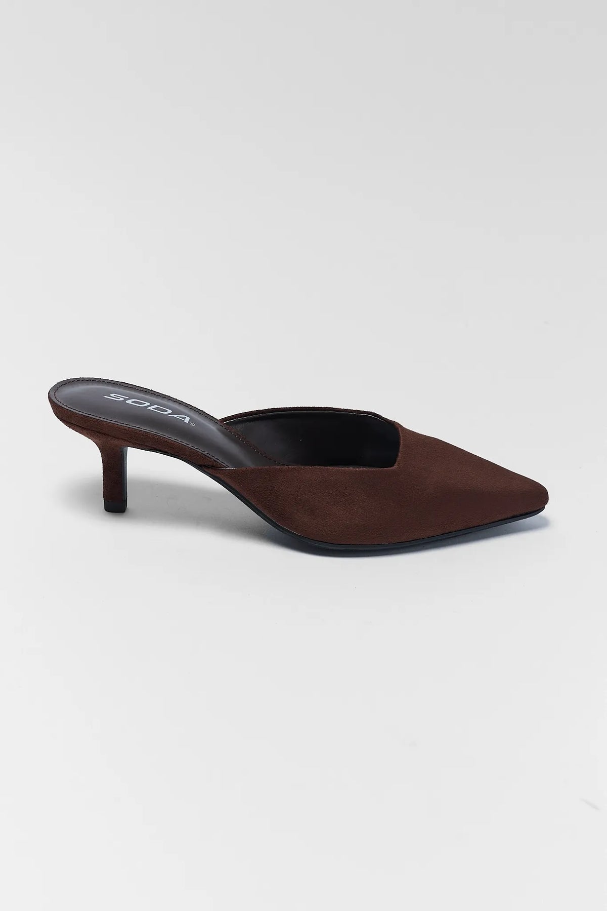 Brown Faux Suede Mule Kitten Heel - Side Profile, Slim Kitten Heel | Avara