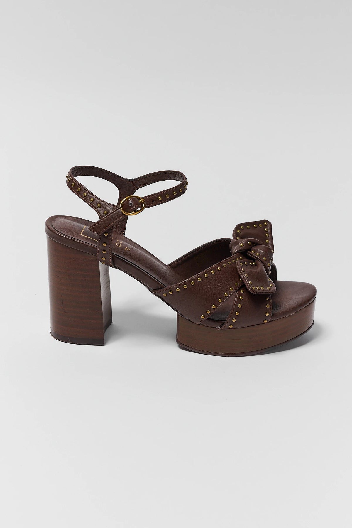 Brown Faux Leather Platform Heel - Side Profile with Block Heel and Gold Studs | Avara