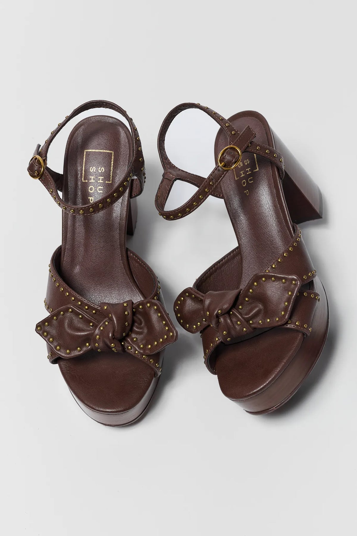 Brown Faux Leather Platform Heel - Top Down View with Gold Studded Bow Strap | Avara