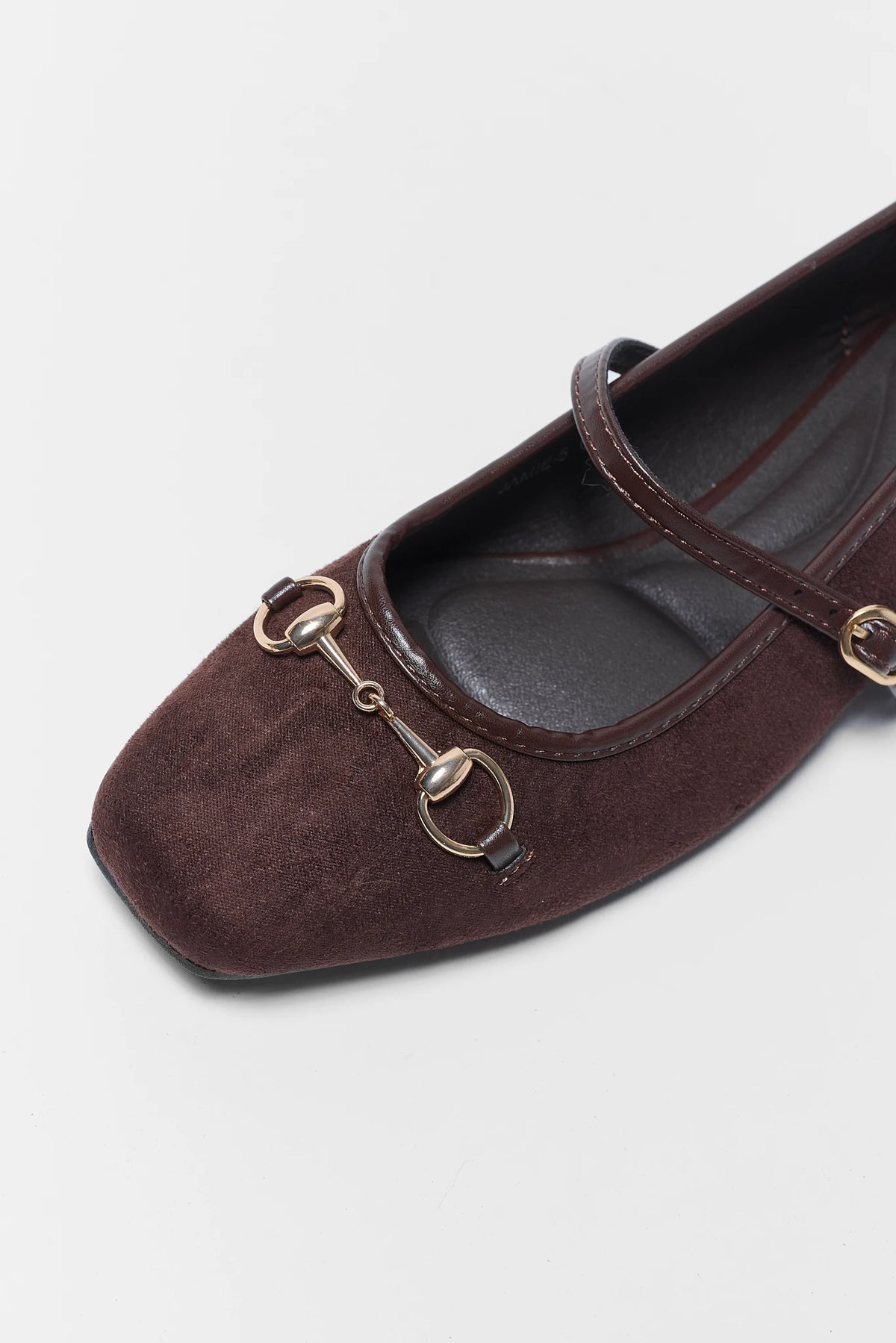 Brown Faux Suede Ballet Flat - Gold Horsebit Hardware Close-Up Detail | Avara