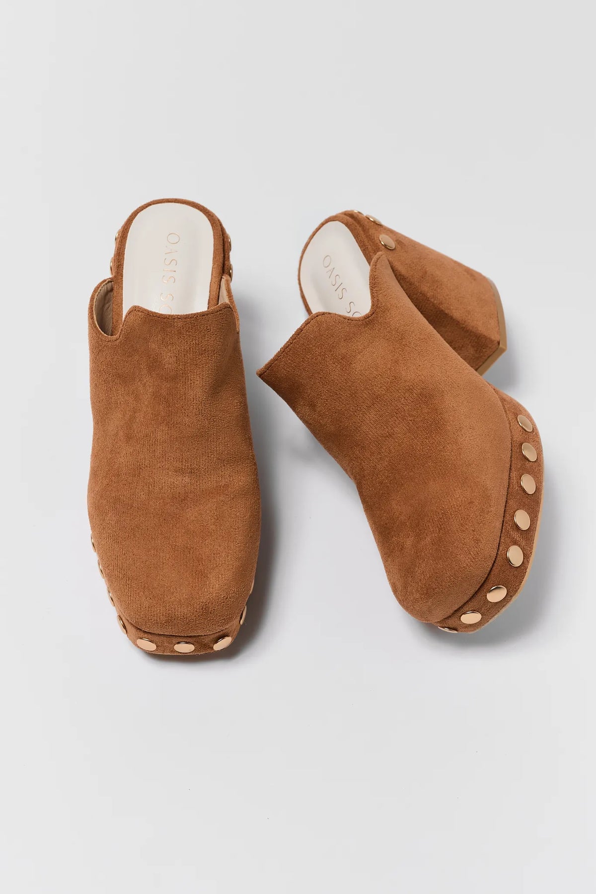 Brown Suede Platform Clog Mule - Top View with Gold Stud Detail | Avara