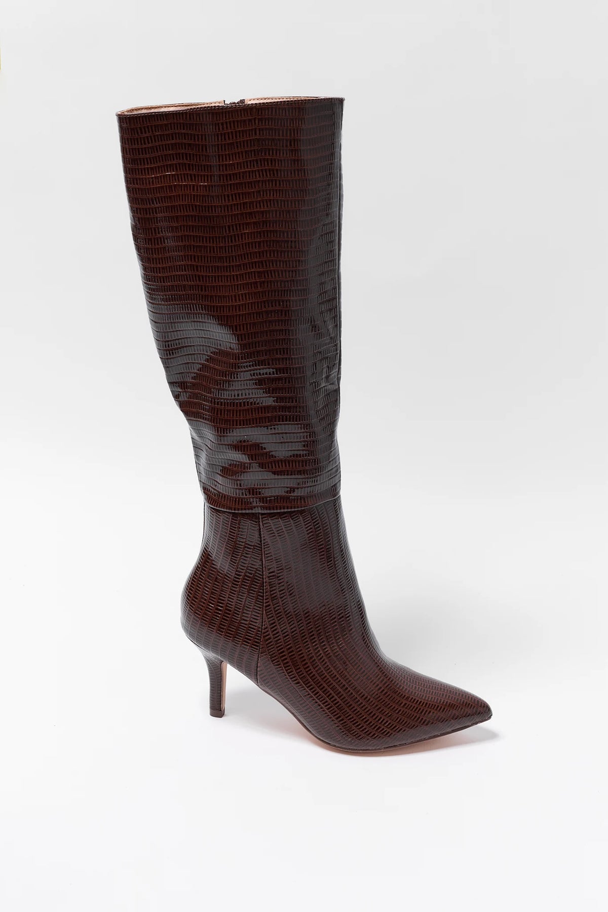 Brown Lizard-Embossed Pointed Toe Boot - Side View | Avara