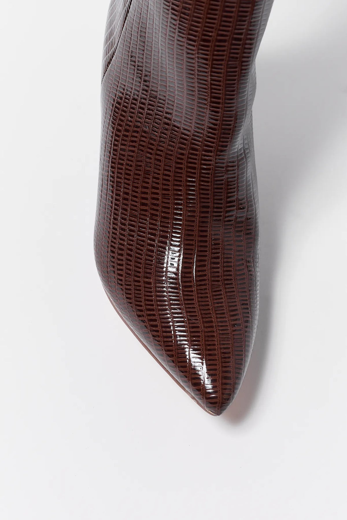 Brown Pointed Toe Boot - Close-Up Toe Detail, Lizard Emboss | Avara