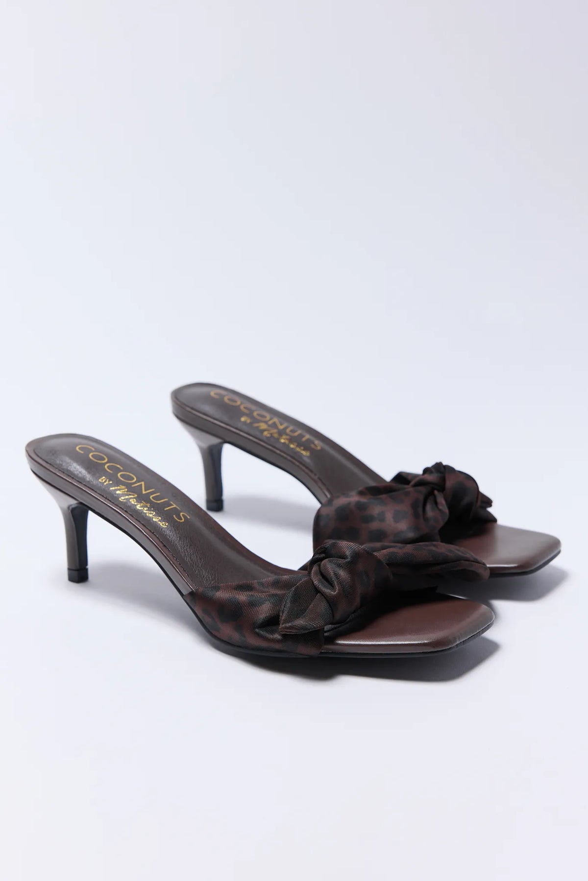 Carrie Heels by Matisse - Brown leopard print knotted strap kitten heel mules, square toe, 3/4 view pair | Avara