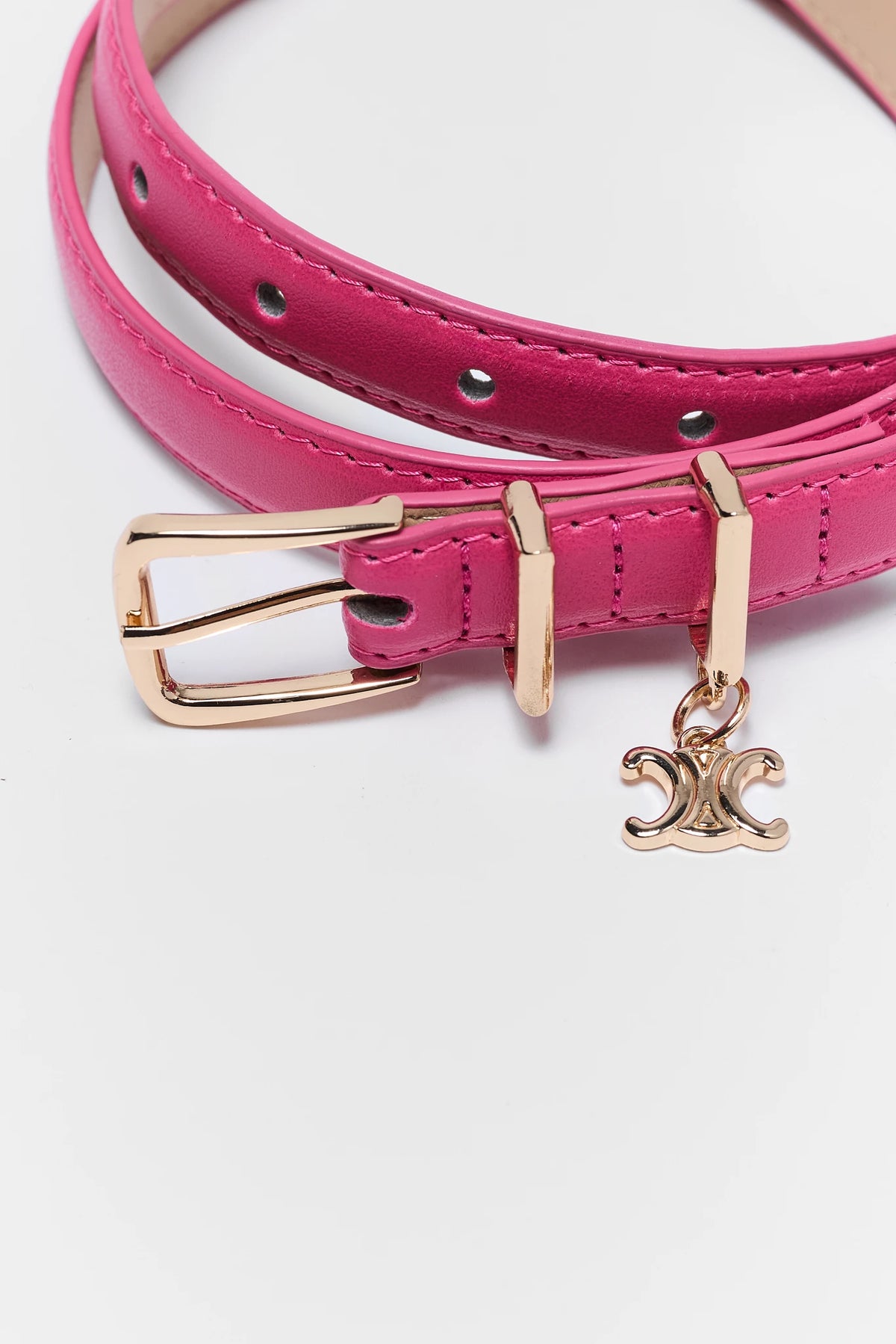 Chelsea Pink Faux Leather Belt - Close-Up of Gold Buckle and Charm Detail | Avara