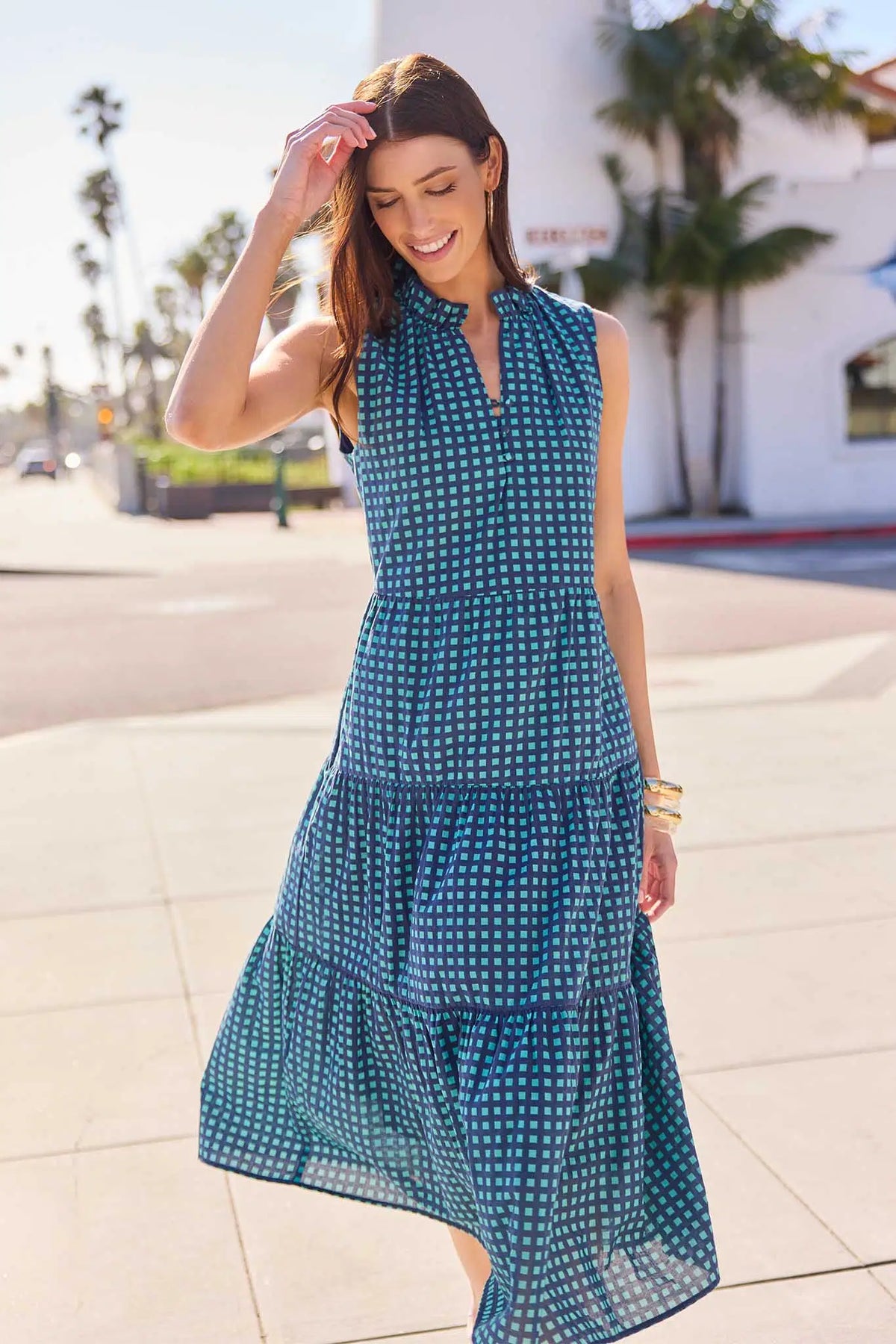 Christie Teal Gingham Maxi Dress - Outdoor Lifestyle Shot, Modest Tiered Maxi for Women | Avara