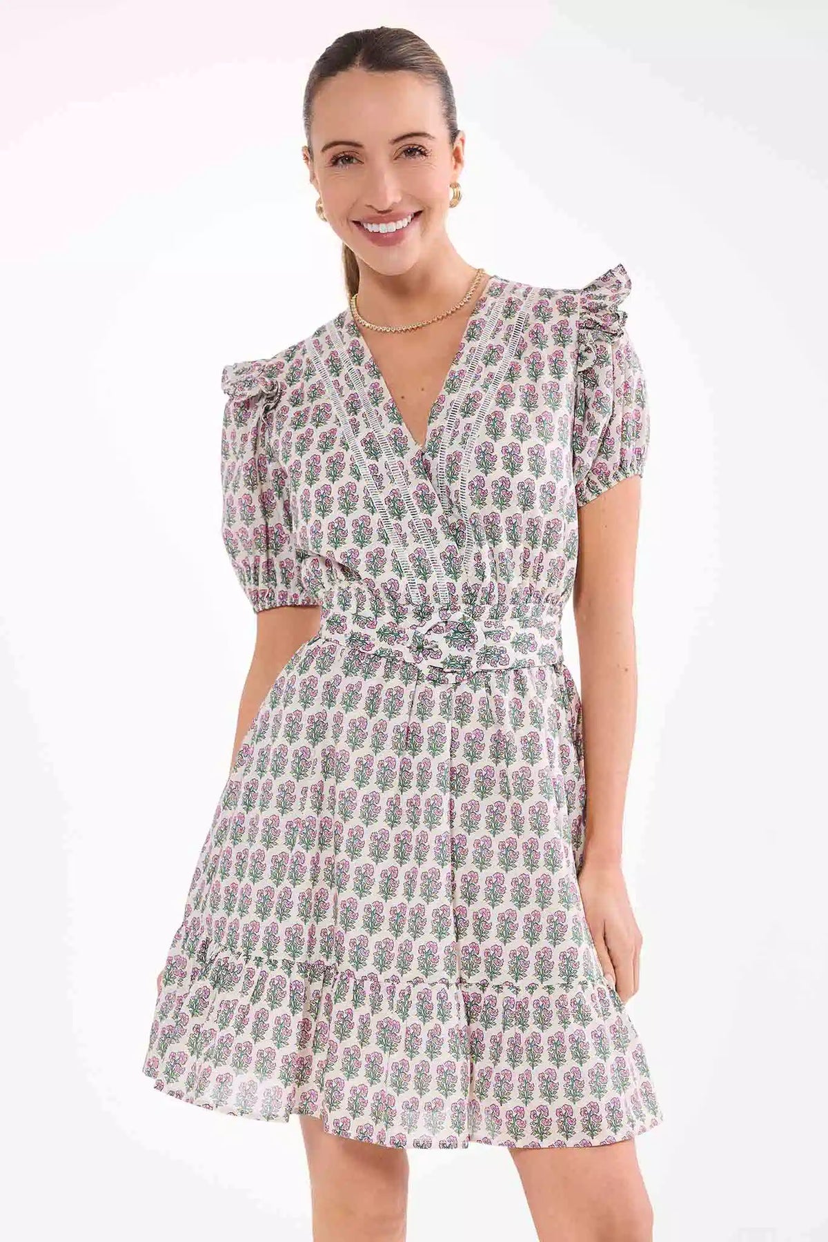 Cody White Floral Print Belted Dress with gold necklace - Front Smiling View | Avara