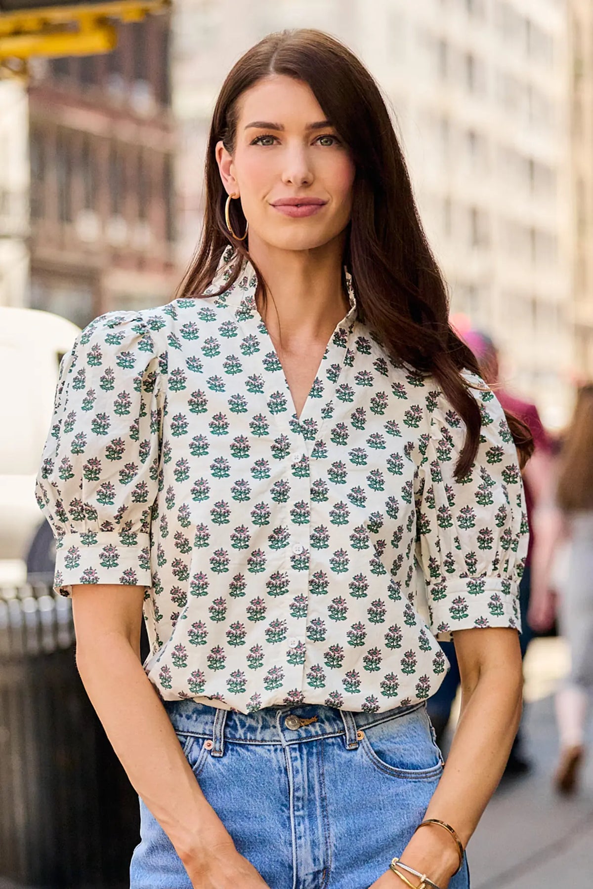 Delaney White Floral Puff Sleeve Button-Up Top styled with jeans, city street - On Model | Avara