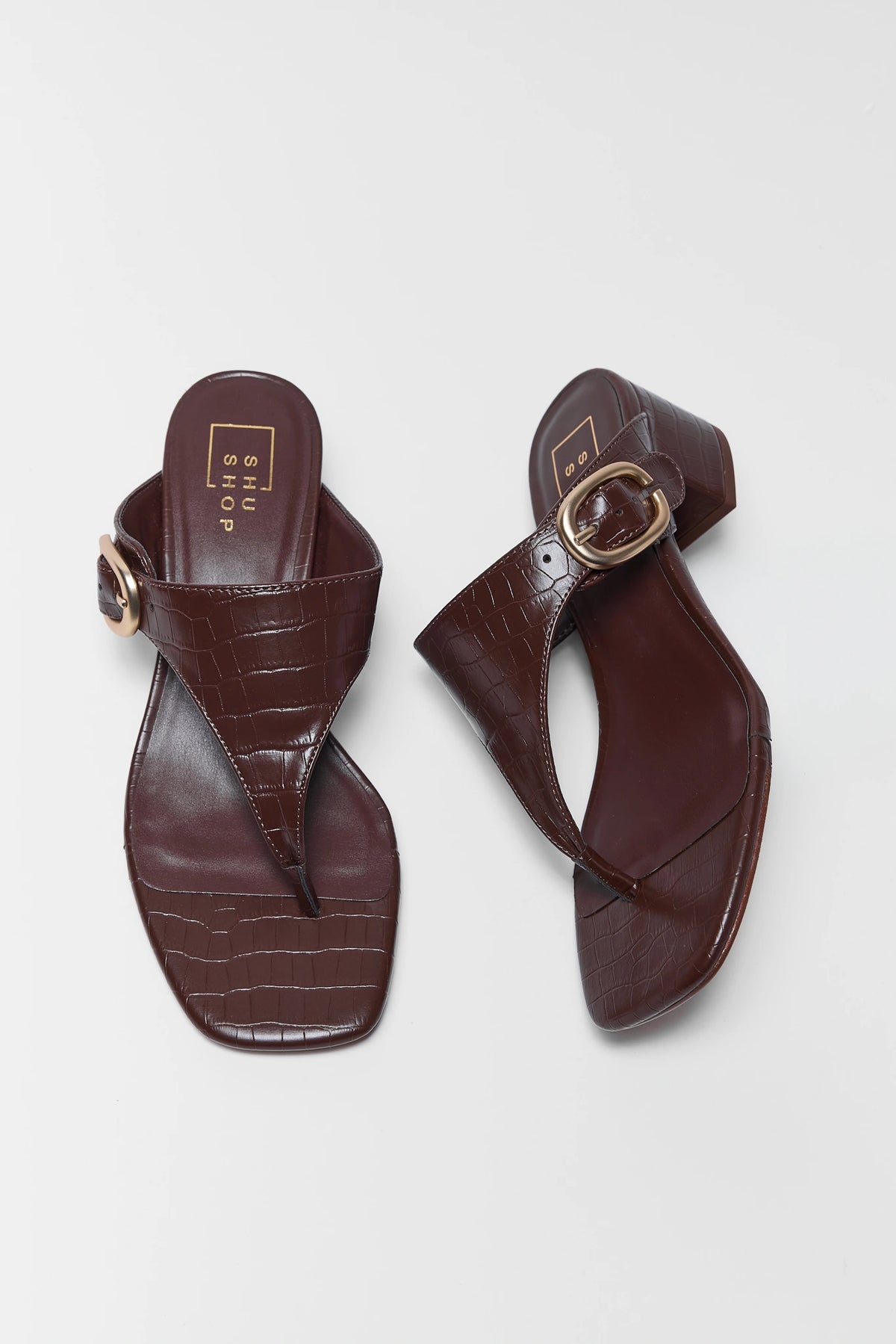 Elodie Brown Block Heel Sandals - Top View, Croc Faux Leather with Gold Buckle | Avara