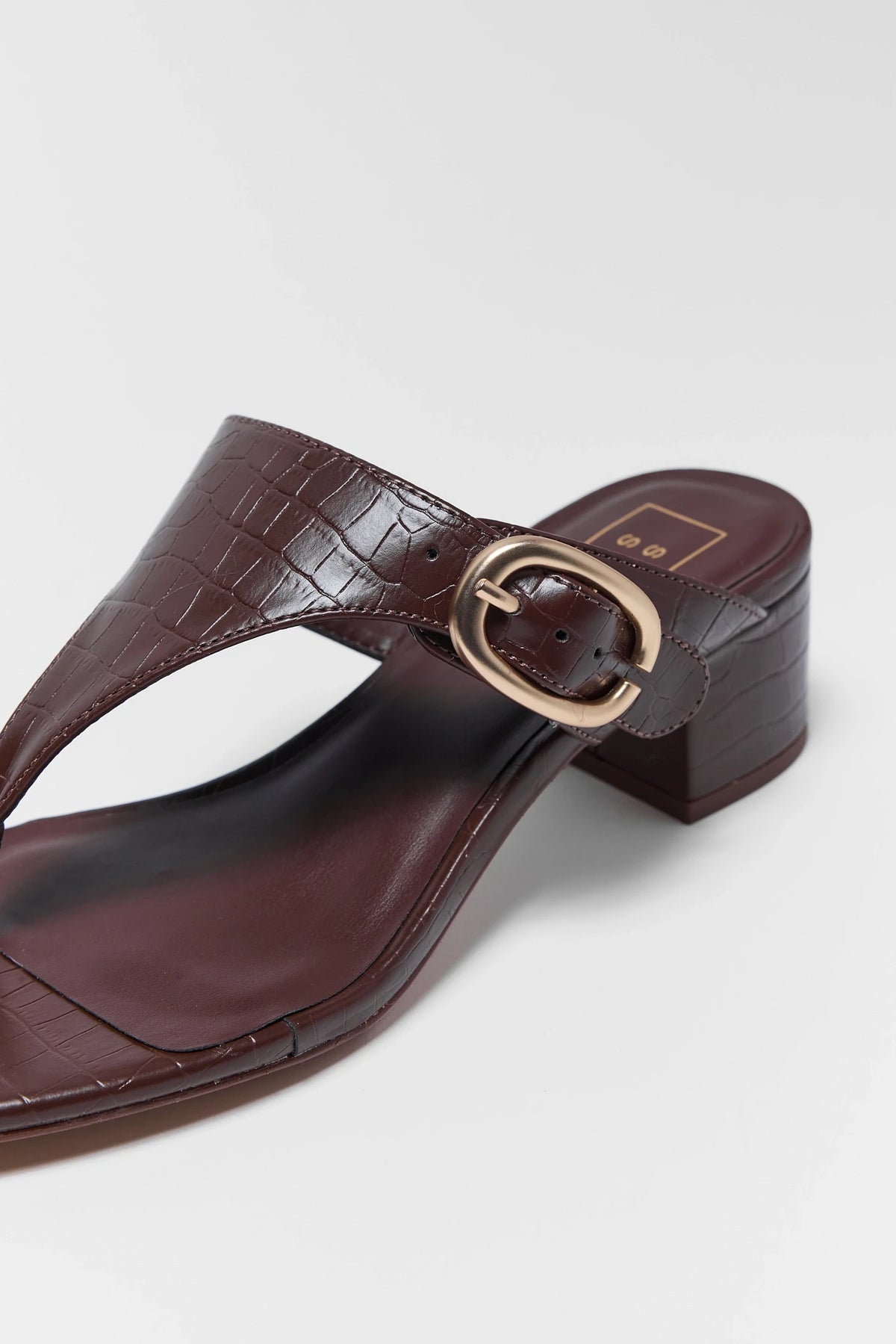 Elodie Brown Block Heel Sandal - Close-Up Gold Buckle and Croc Texture Detail | Avara