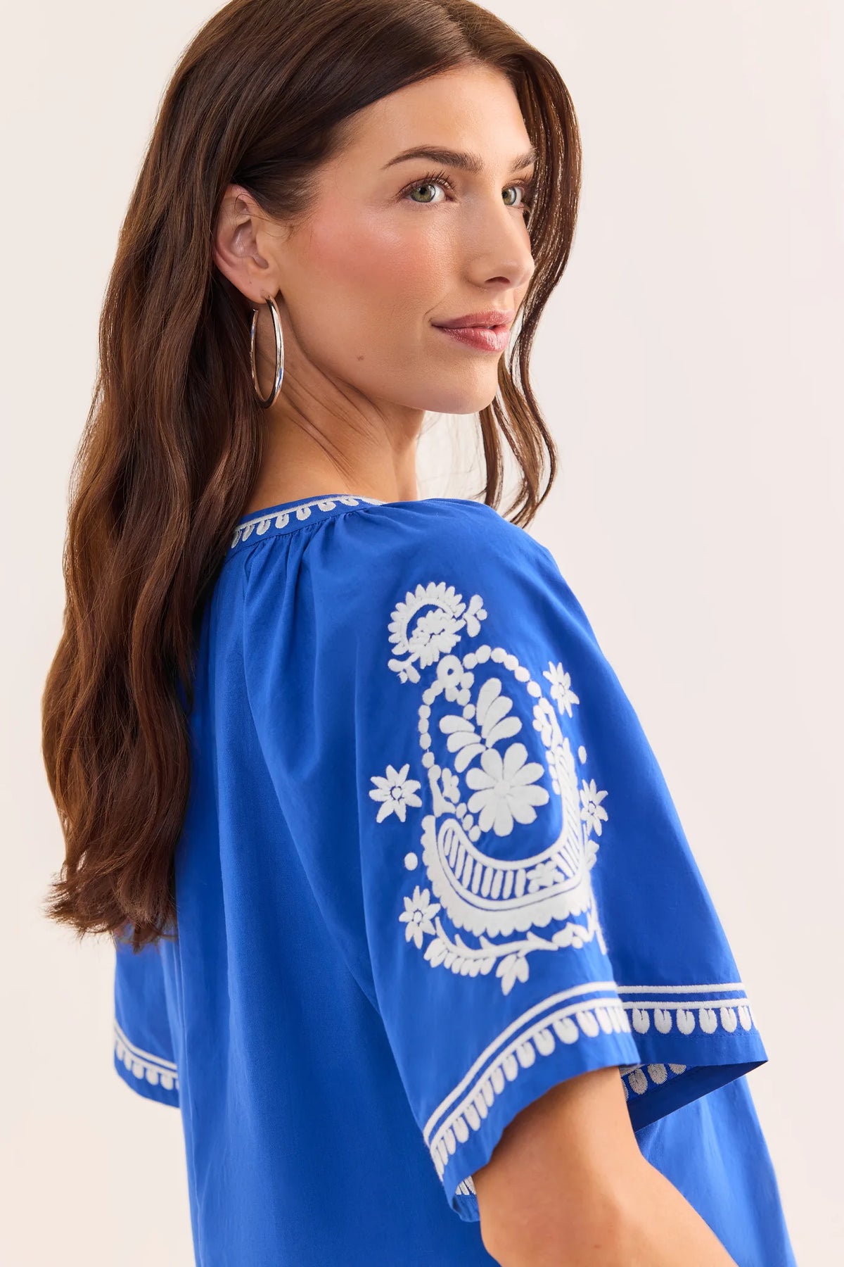 Essie Blue Embroidered Top - White Floral Sleeve Embroidery Close-Up Detail, Back Angle | Avara