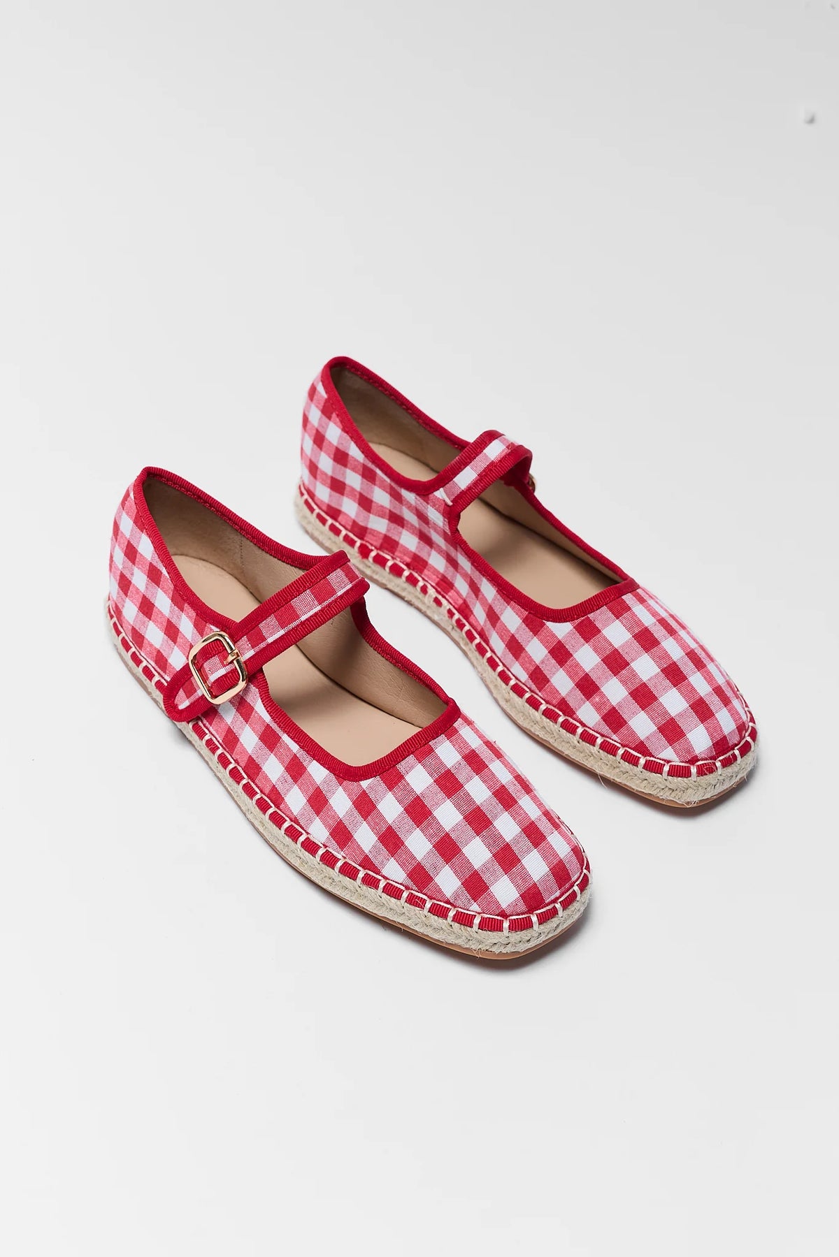 Fallon Red Gingham Espadrille Flats - Angled Pair View, Woven Platform | Avara