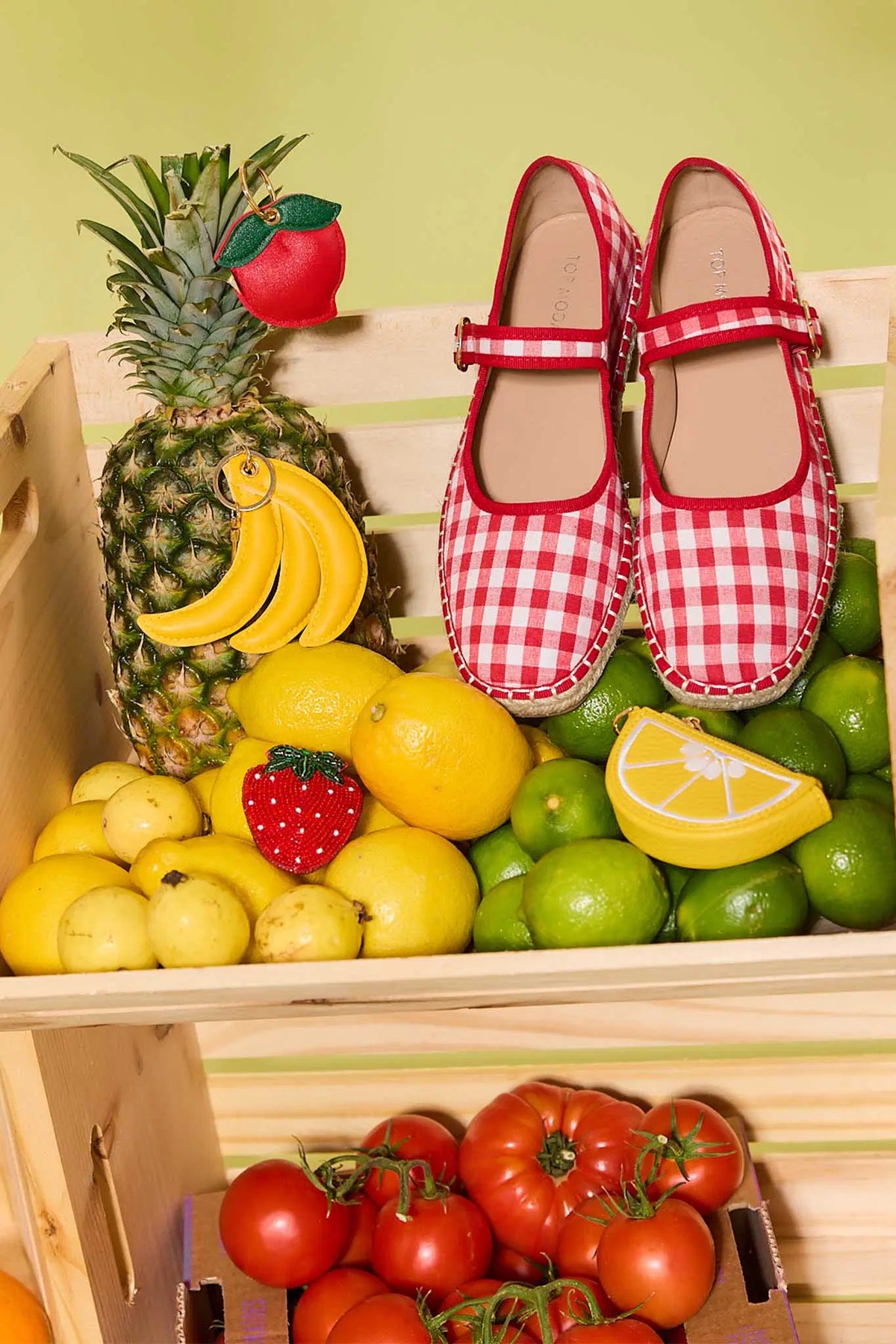 Red Gingham Espadrille Flats styled in colorful fruit market display - Lifestyle | Avara