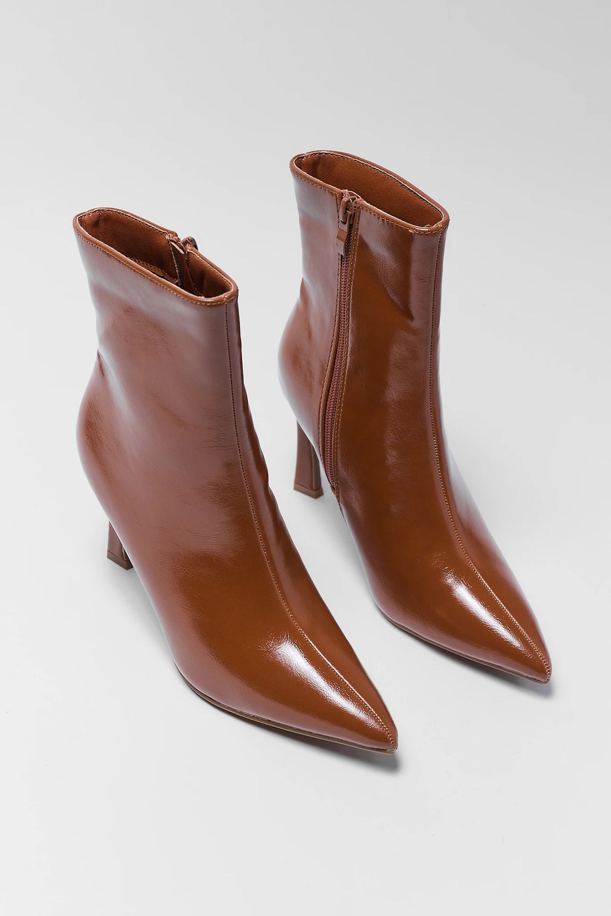 Brown Faux Leather Pointed Toe Ankle Boots Pair - Top View with Side Zip | Avara