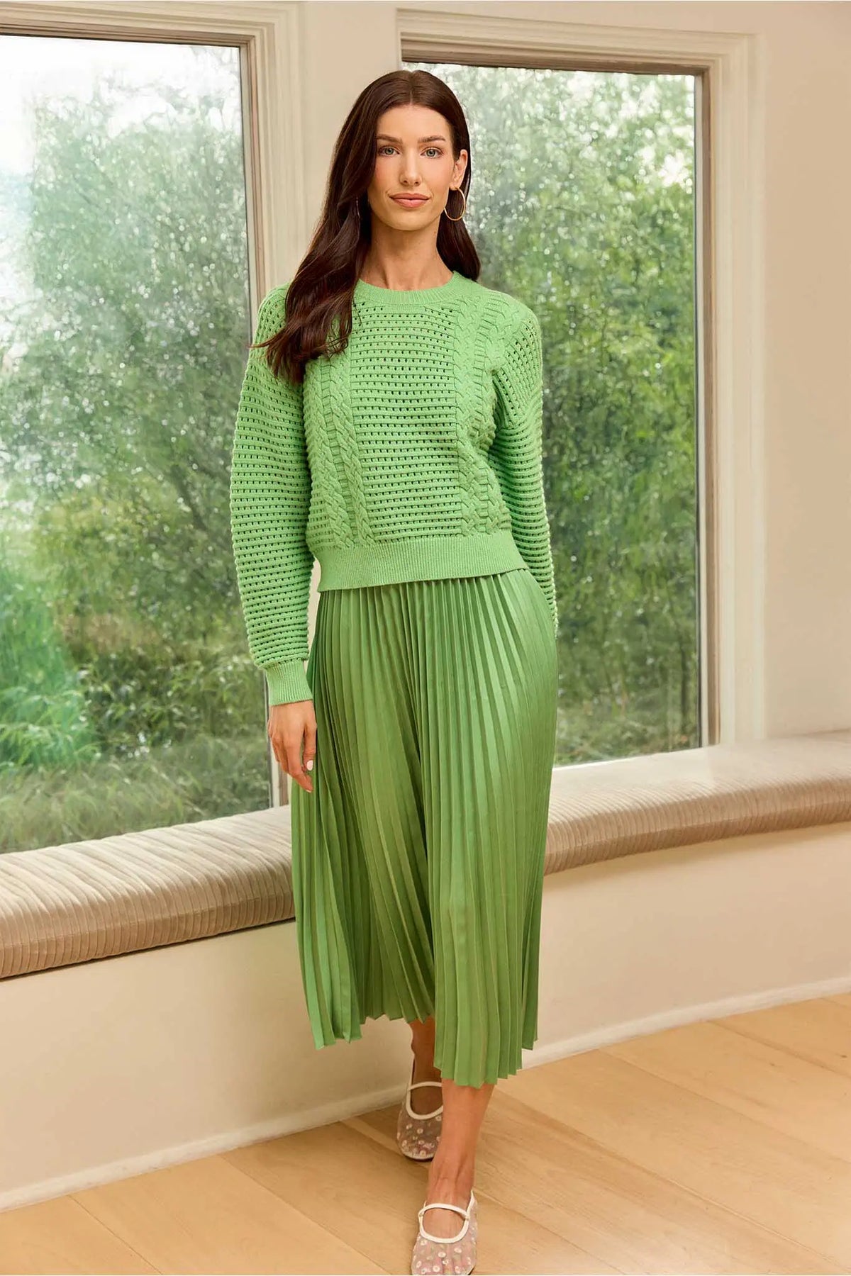 Gabbie Green Two Piece Midi Dress with cable-knit sweater and pleated skirt, full-length front view | Avara