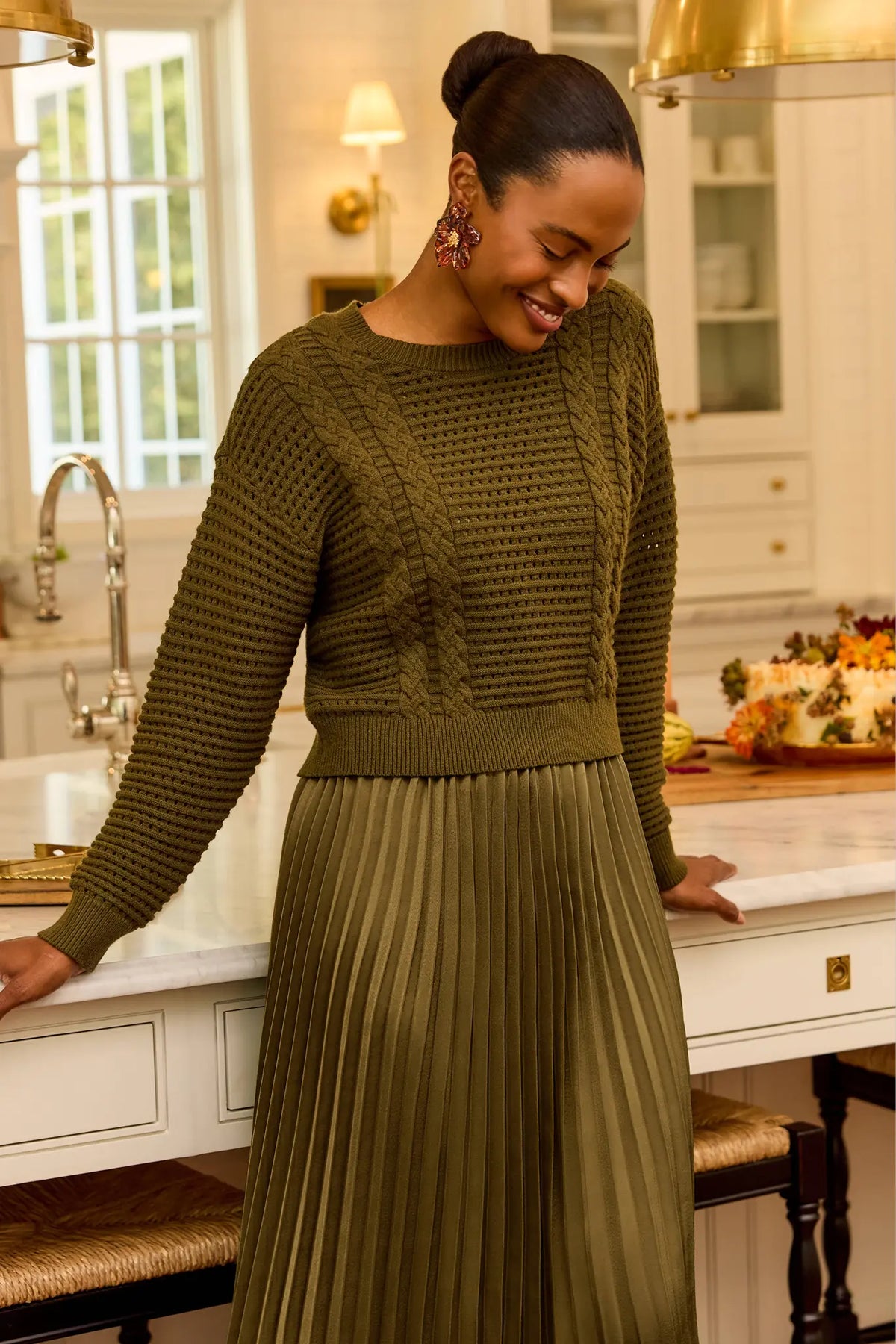 Olive Cable-Knit Two Piece Midi Dress - Lifestyle Styled Look | Avara