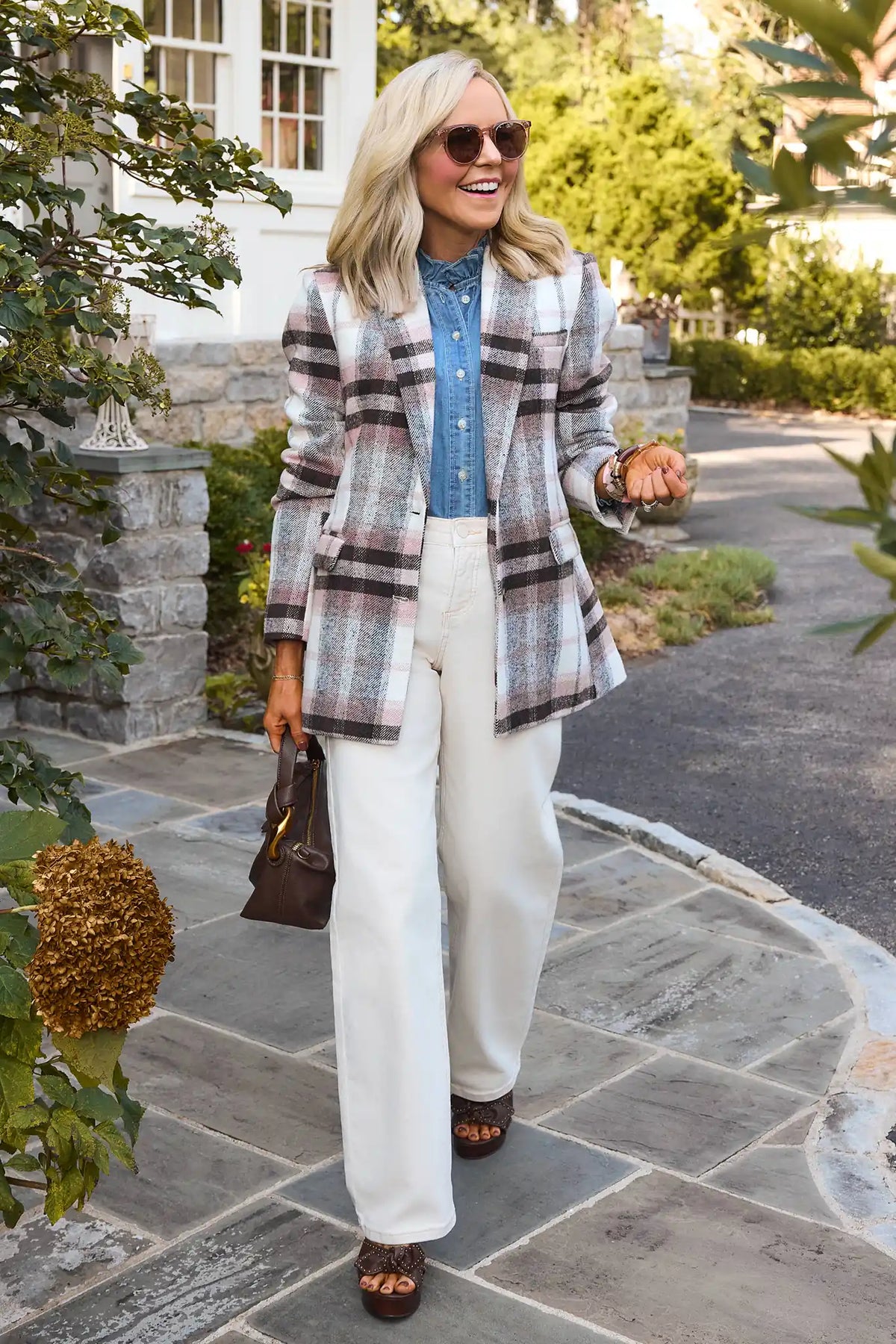Light Pink Plaid Blazer - Outdoor Styled Look with Wide Leg Pants | Avara