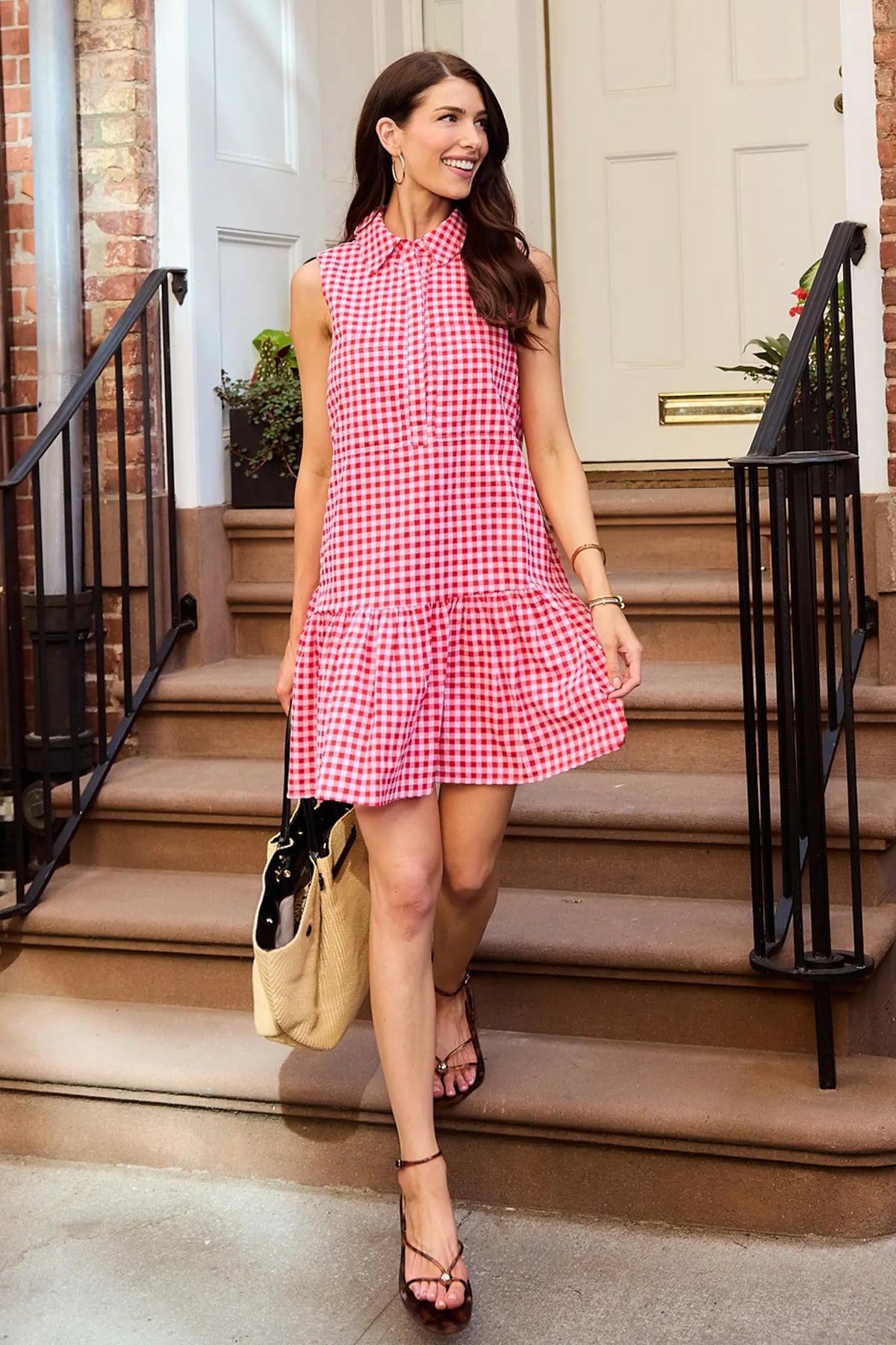 Red Gingham Short Dress - Outdoor Lifestyle Look with Heels and Woven Bag | Avara